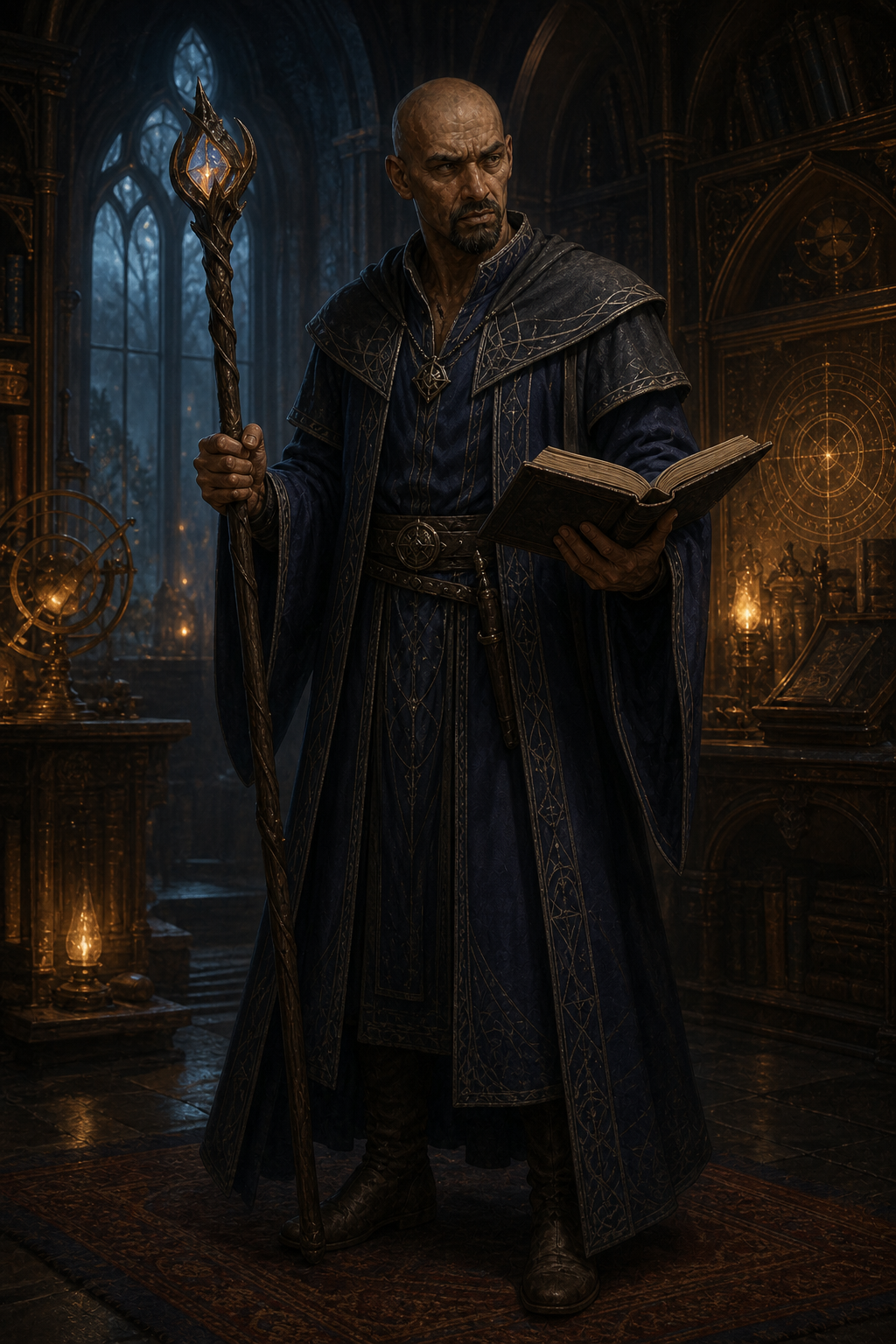 Mordenkainen, a bald, goateed archmage in deep-blue embroidered robes, holding a dark staff and open spellbook in his warm-lit magical mansion.