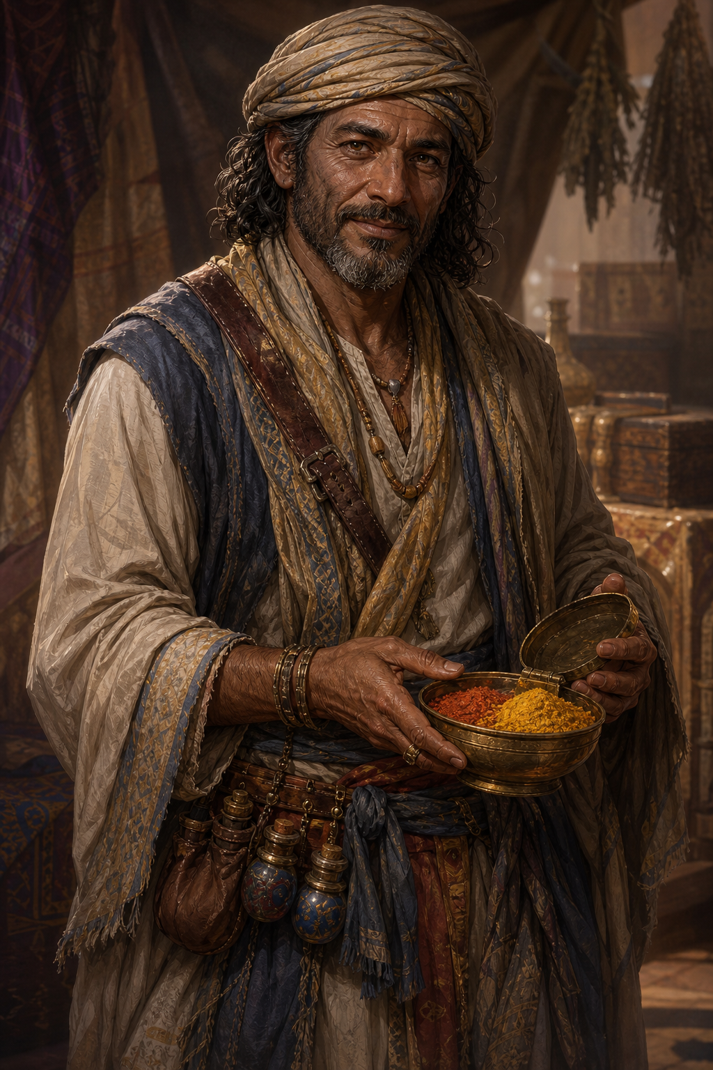 Ooru presenting red and golden spices in an open brass box.