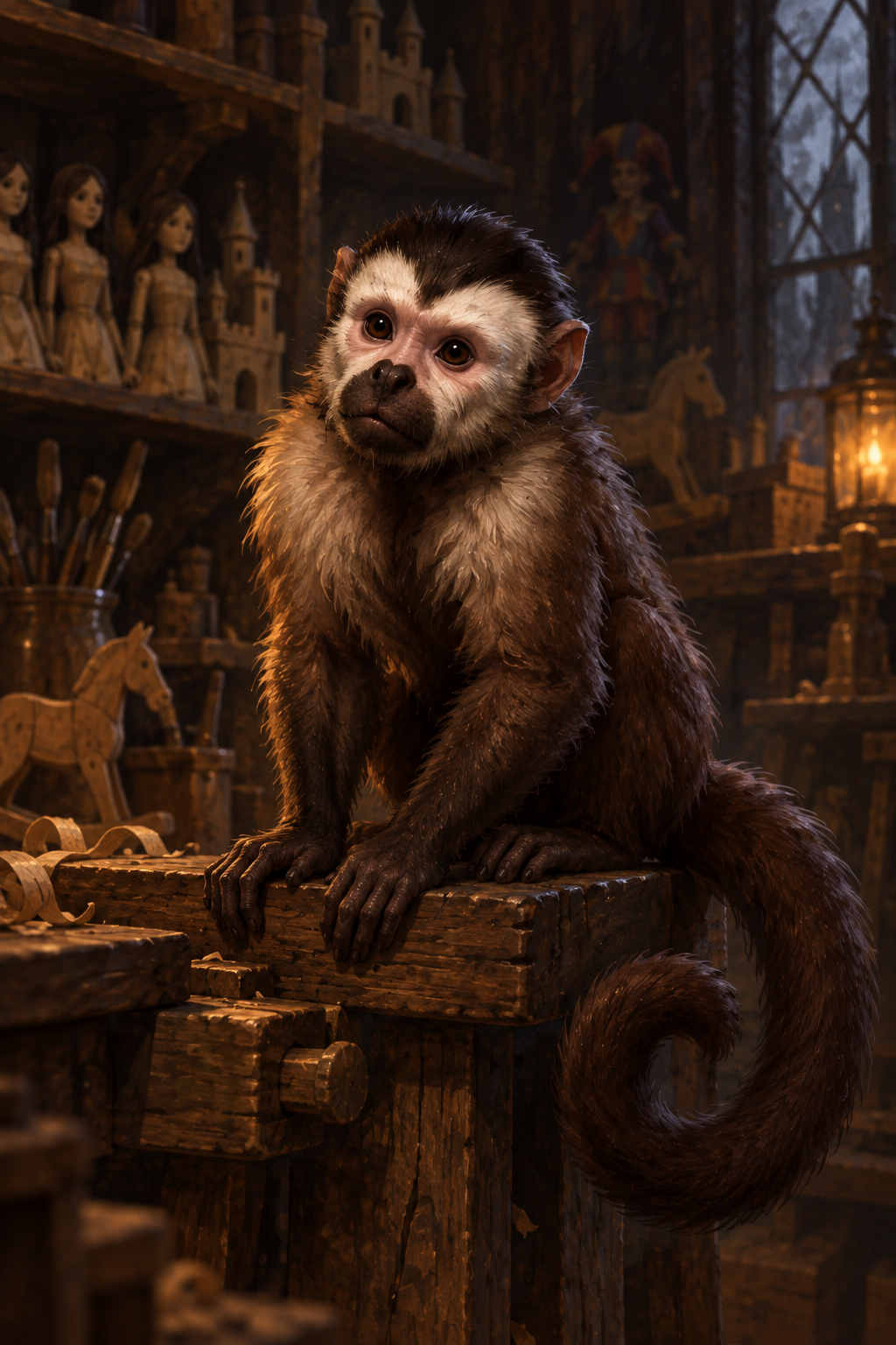 Piccolo, a small brown monkey with a cream-white face and dark crown, sits on a wooden workshop perch with his long tail curling beside him.