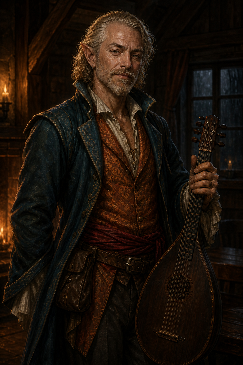 Rictavio, a mature sandy-blond half-elf entertainer in a teal coat and burnt-orange waistcoat, holds a dark wooden lute inside the Blue Water Inn.