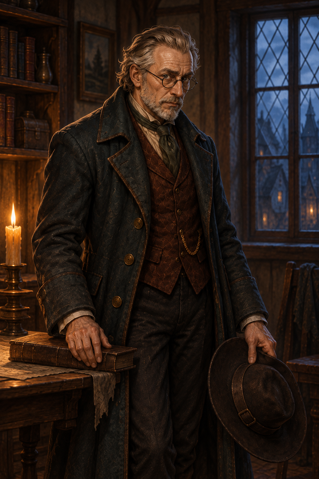 Van Richten, an older human scholar with round spectacles, holds his hat beside a candlelit table.
