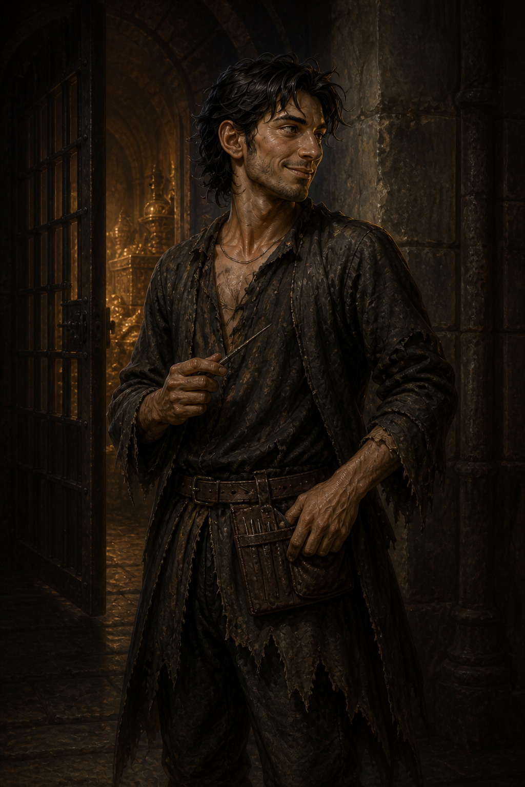 Slippery Siv testing a lockpick outside Castle Avernus's treasury after his restoration.