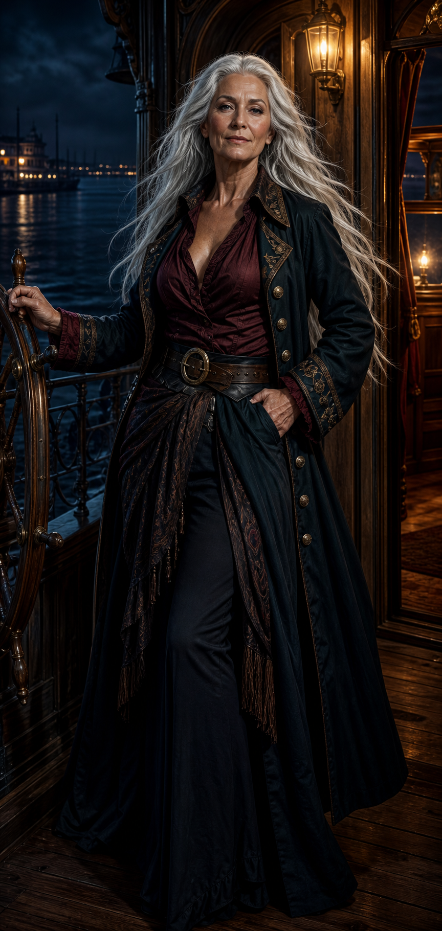 Snowmane, a poised white-haired captain in a dark teal coat and wine-red open-necked blouse, standing at the wheel of the River Dancer at night.