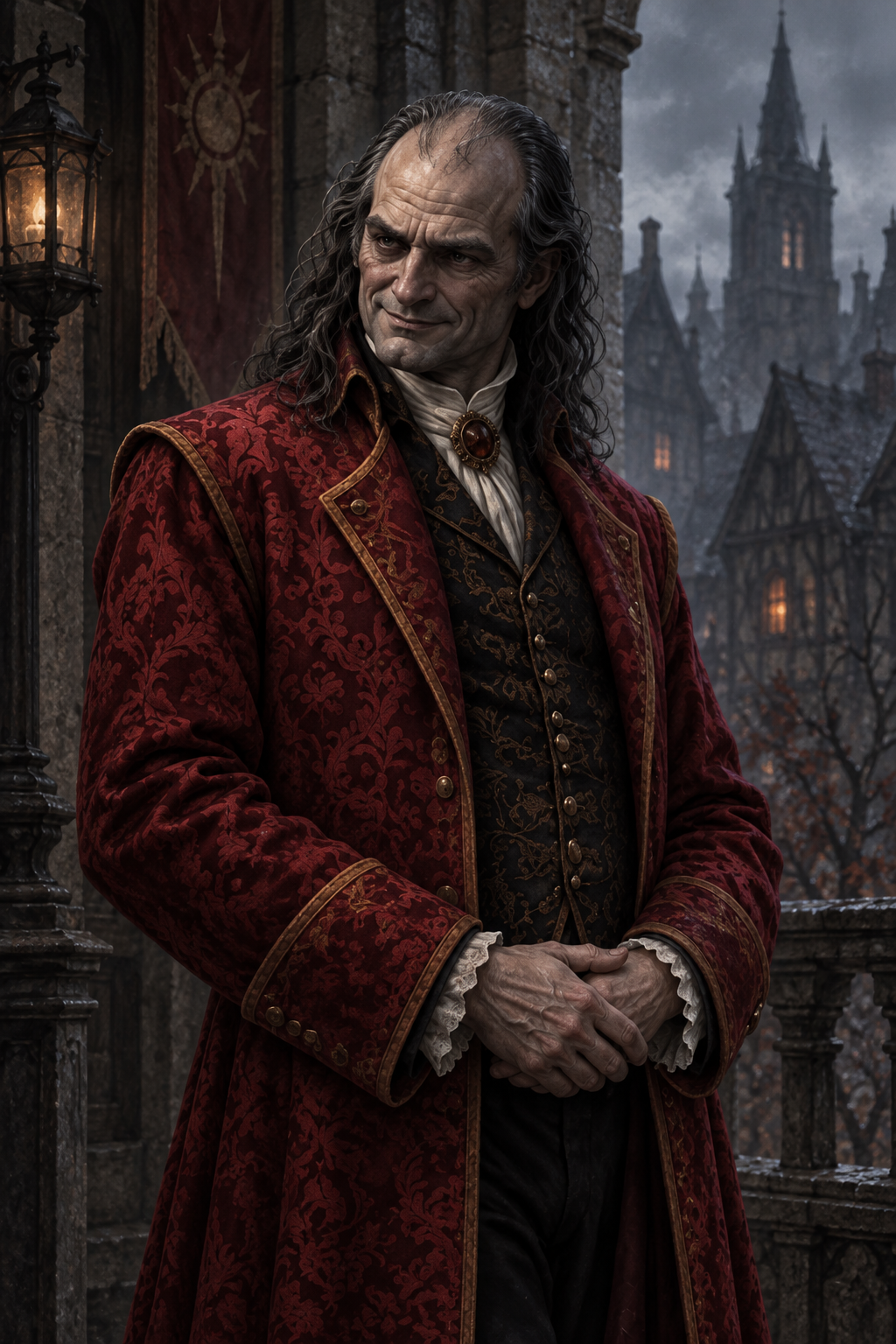 Vargas Vallakovich, a balding pale man with long iron-gray side hair, wears an oxblood brocade coat and clasps his hands beneath a restrained smile.