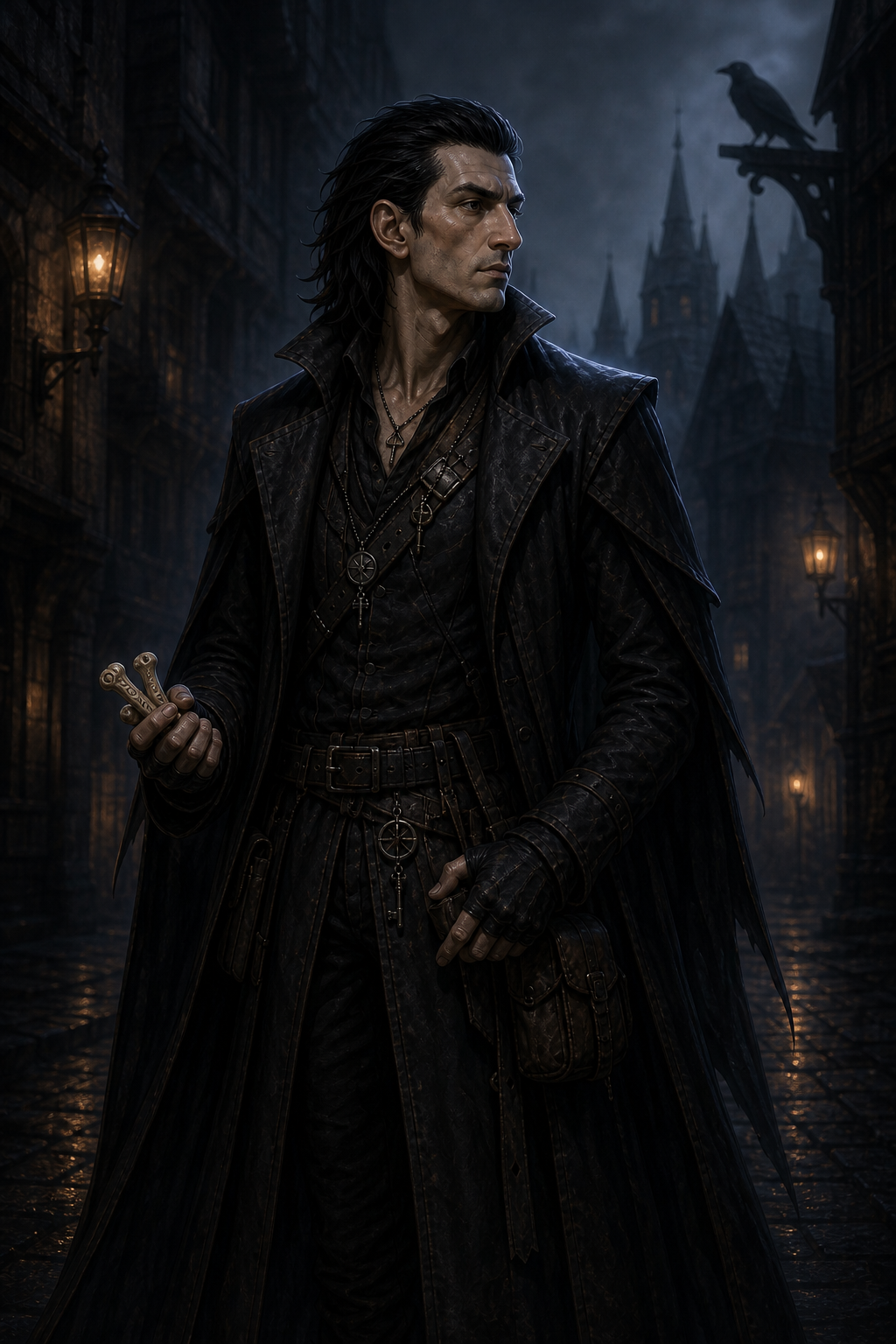 Vidic in human form, a lean pale man with swept-back black hair, a prominent aquiline nose, dark watchful eyes, and austere occult-hunter clothing.