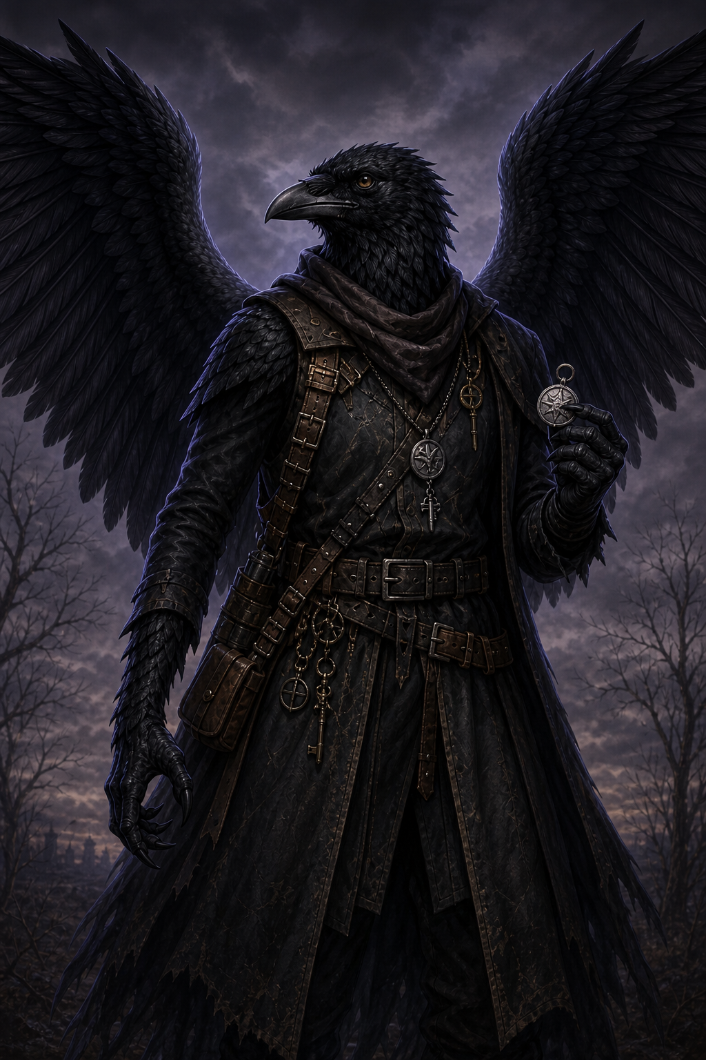 Vidic standing watchfully in his winged humanoid crow-like form.