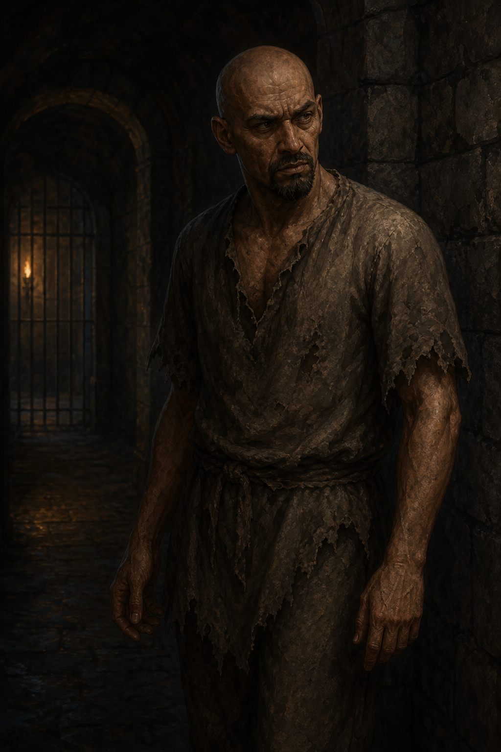 Voss standing warily in worn prison clothes within a shadowed passage beneath Castle Avernus.