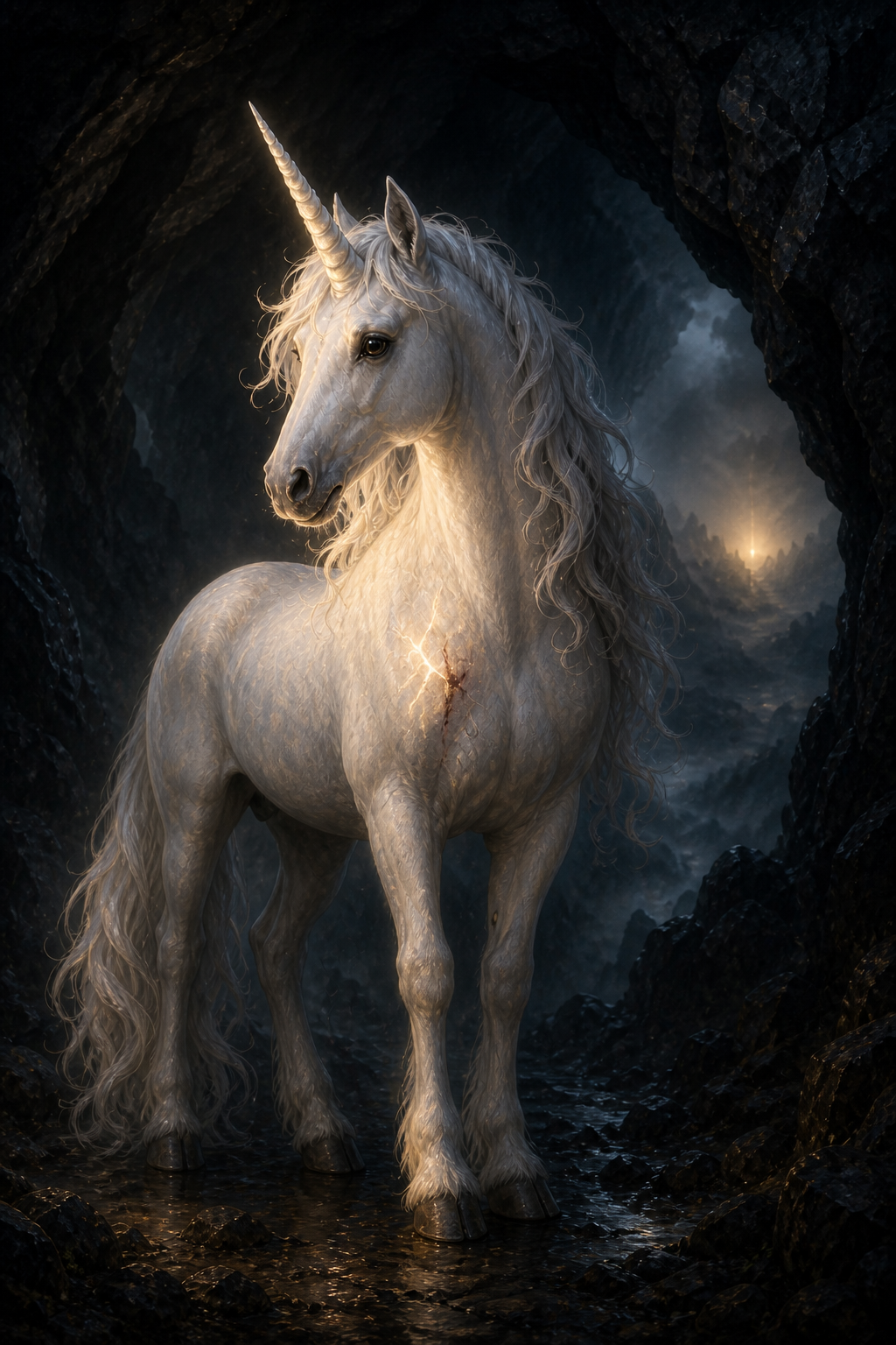 The luminous white unicorn stands at the mouth of her sanctuary cave with a healing mark on her chest.