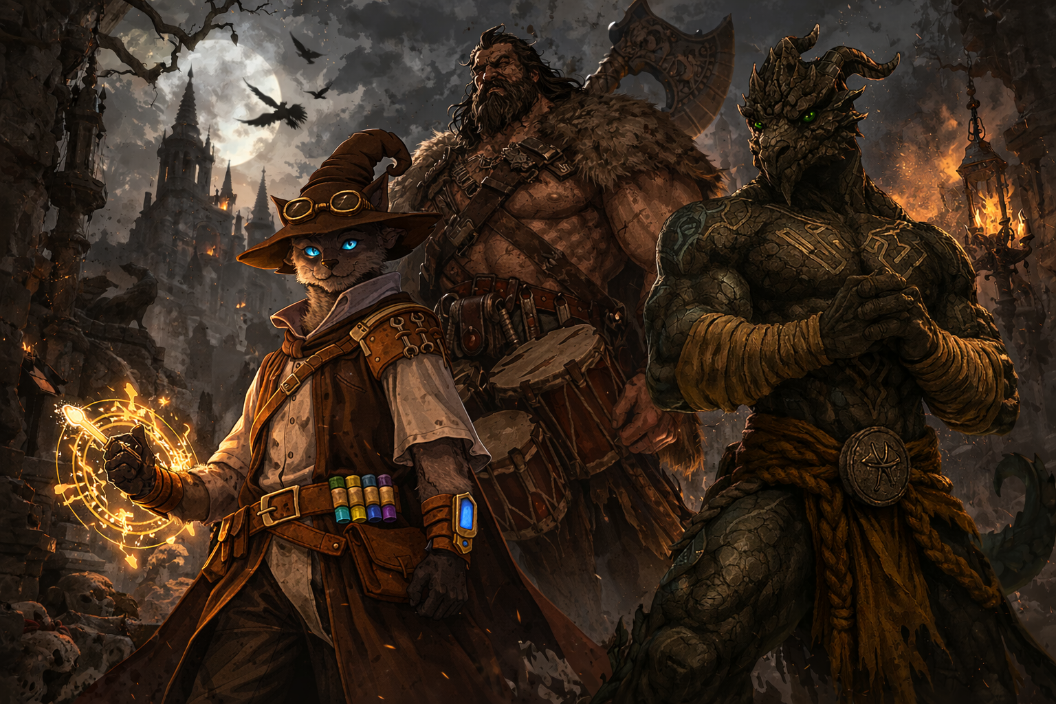 Carver, Rage, and Ignatius in a gothic Darkonian city.