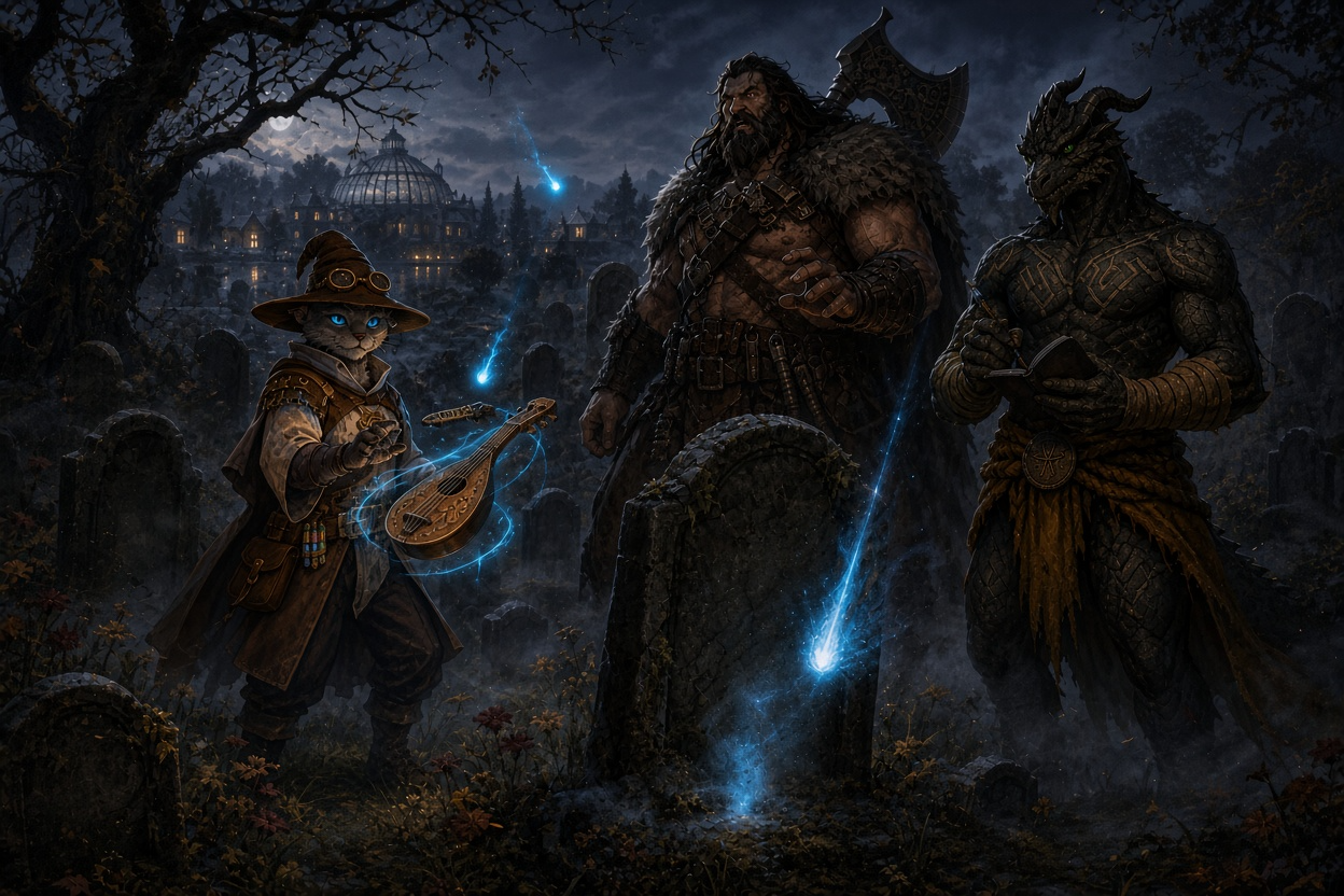 Carver, Rage, and Ignatius observing blue gravelights among old graves outside Rivalis.
