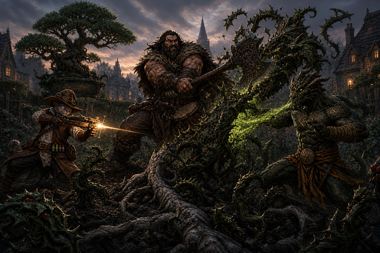 Carver, Rage, and Ignatius battling the blights growing from a diseased gray root.