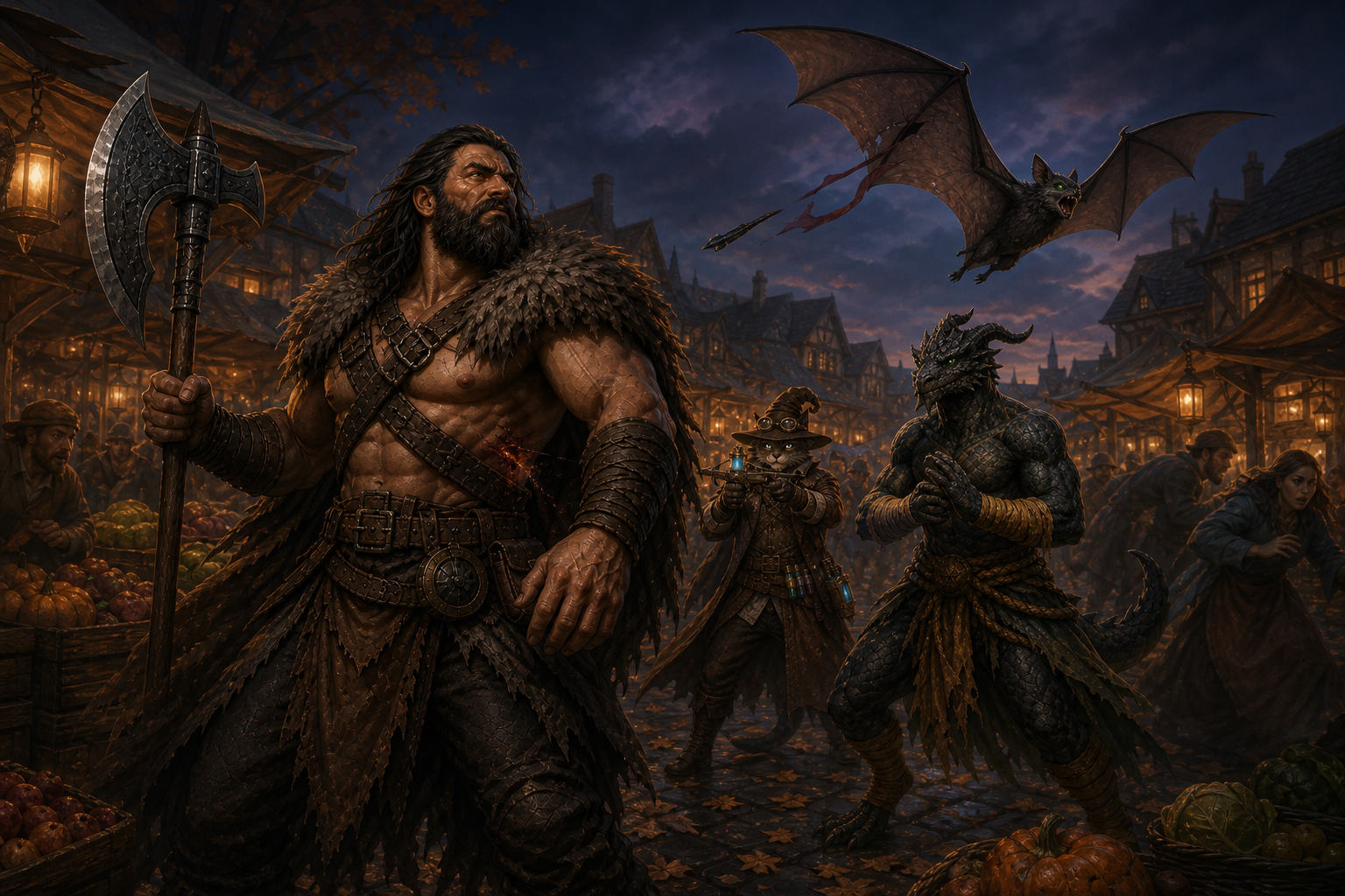 Rage, Carver, and Ignatius watch a wounded bat escape above Rivalis's lantern-lit market.