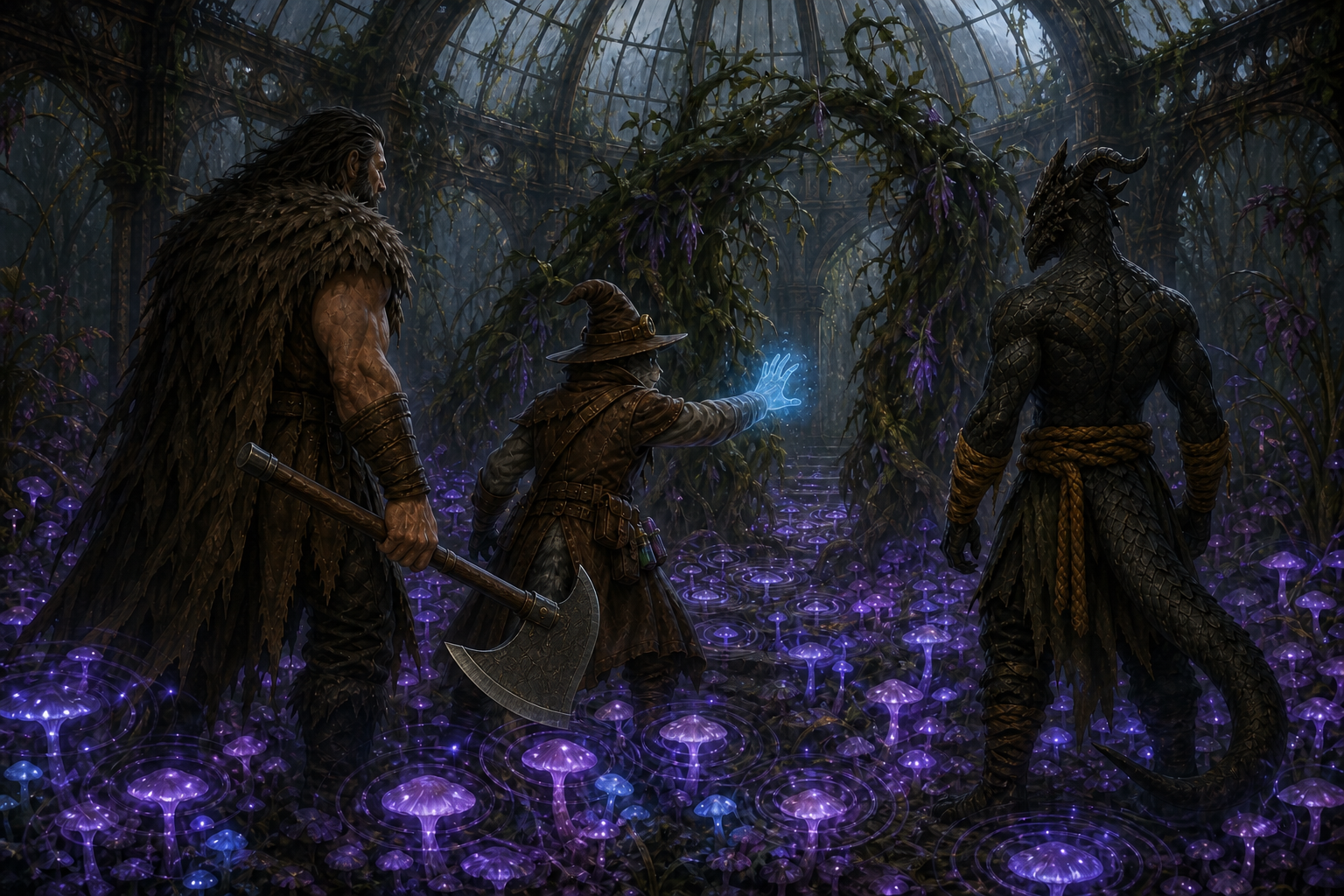 Carver uses a spectral hand to part living plants as Rage and Ignatius cross a chamber carpeted in glowing violet fungi.