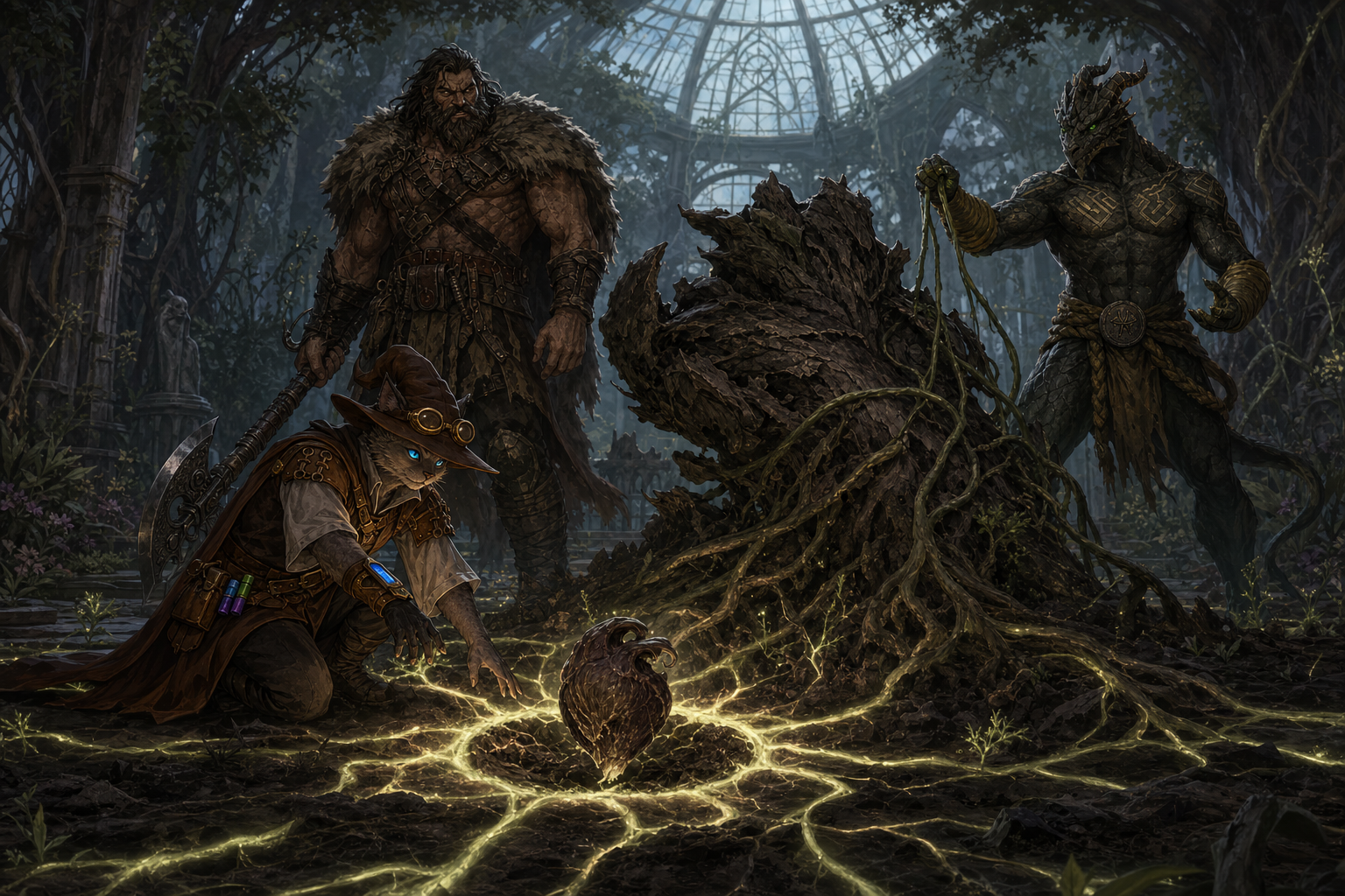 The party recovering an alien heart while the Crystal Gardens absorb a defeated bark-covered blight.