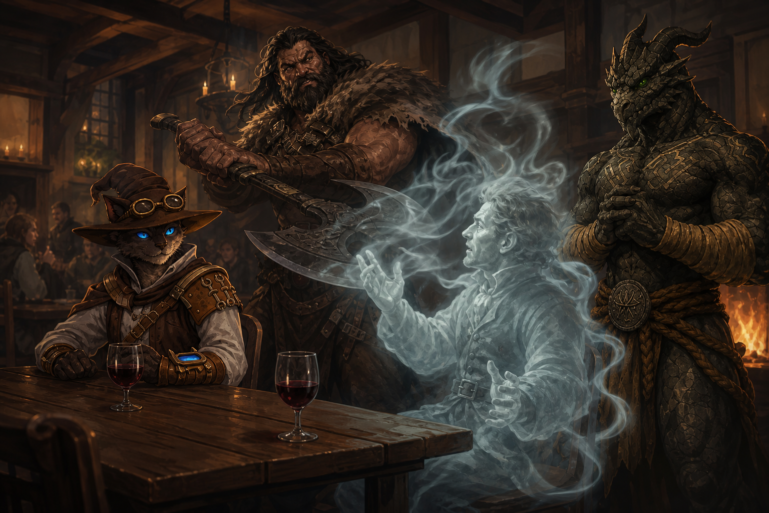 Carver, Rage, and Ignatius confronting a pale halfling who dissolves into spectral mist at an inn table.