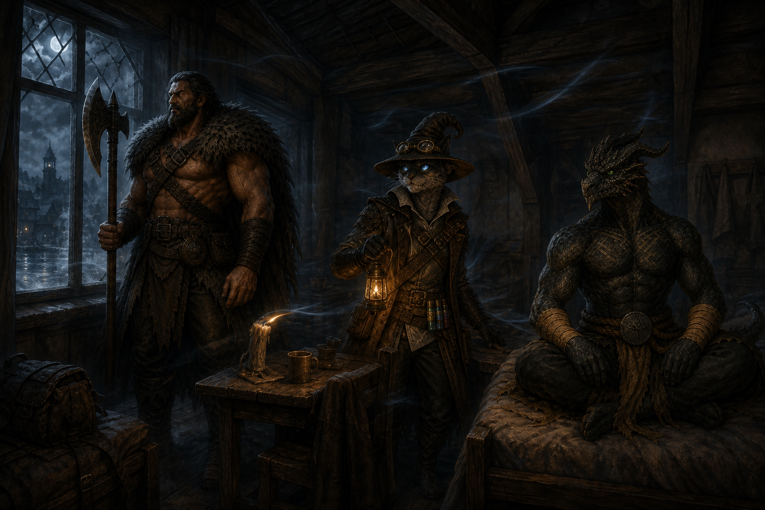 Rage, Carver, and Ignatius listen as an impossible thirteenth bell toll echoes through their Coachman's Rest room.