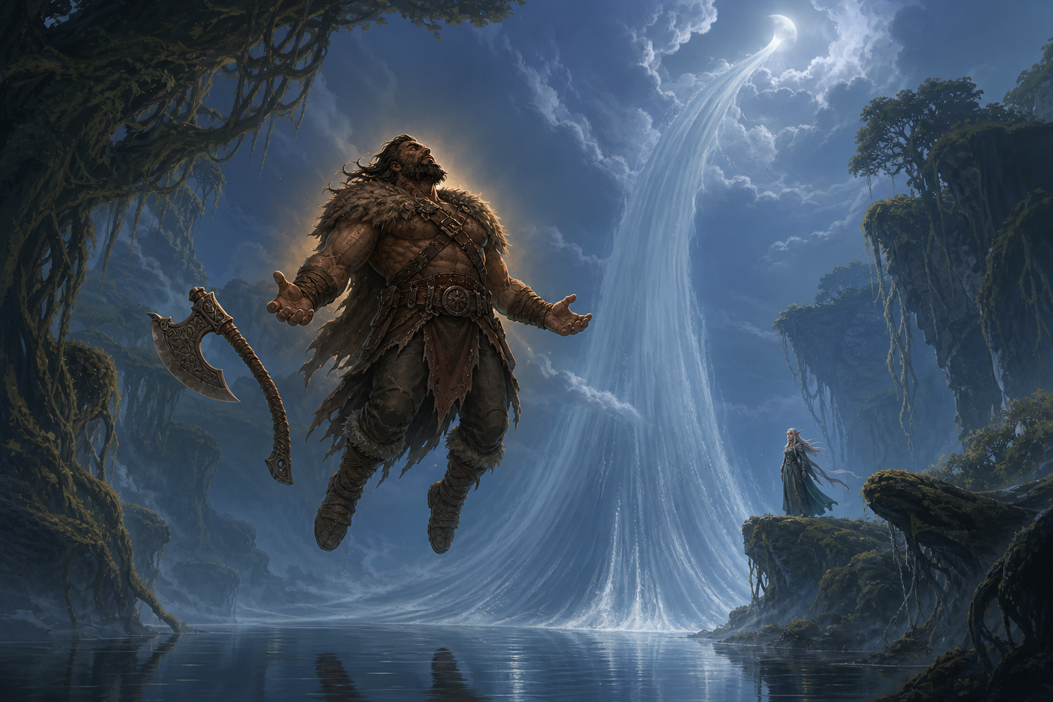 Rage floating before a moonlit waterfall that flows upward into the sky.