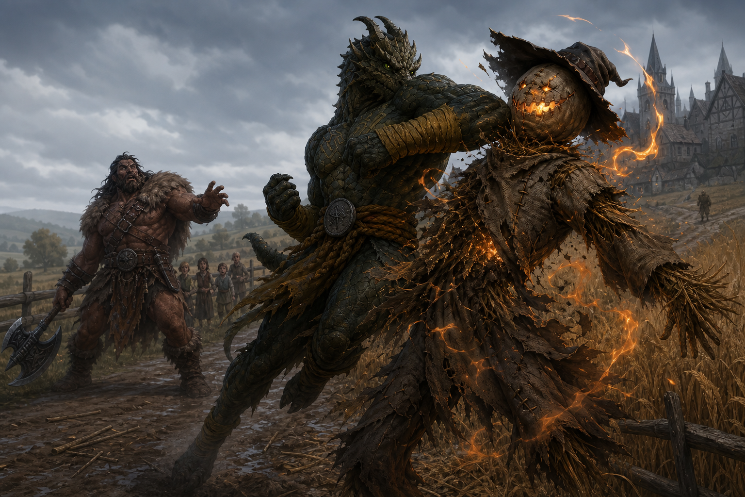 Ignatius delivering the decisive elbow strike against the animated scarecrow.
