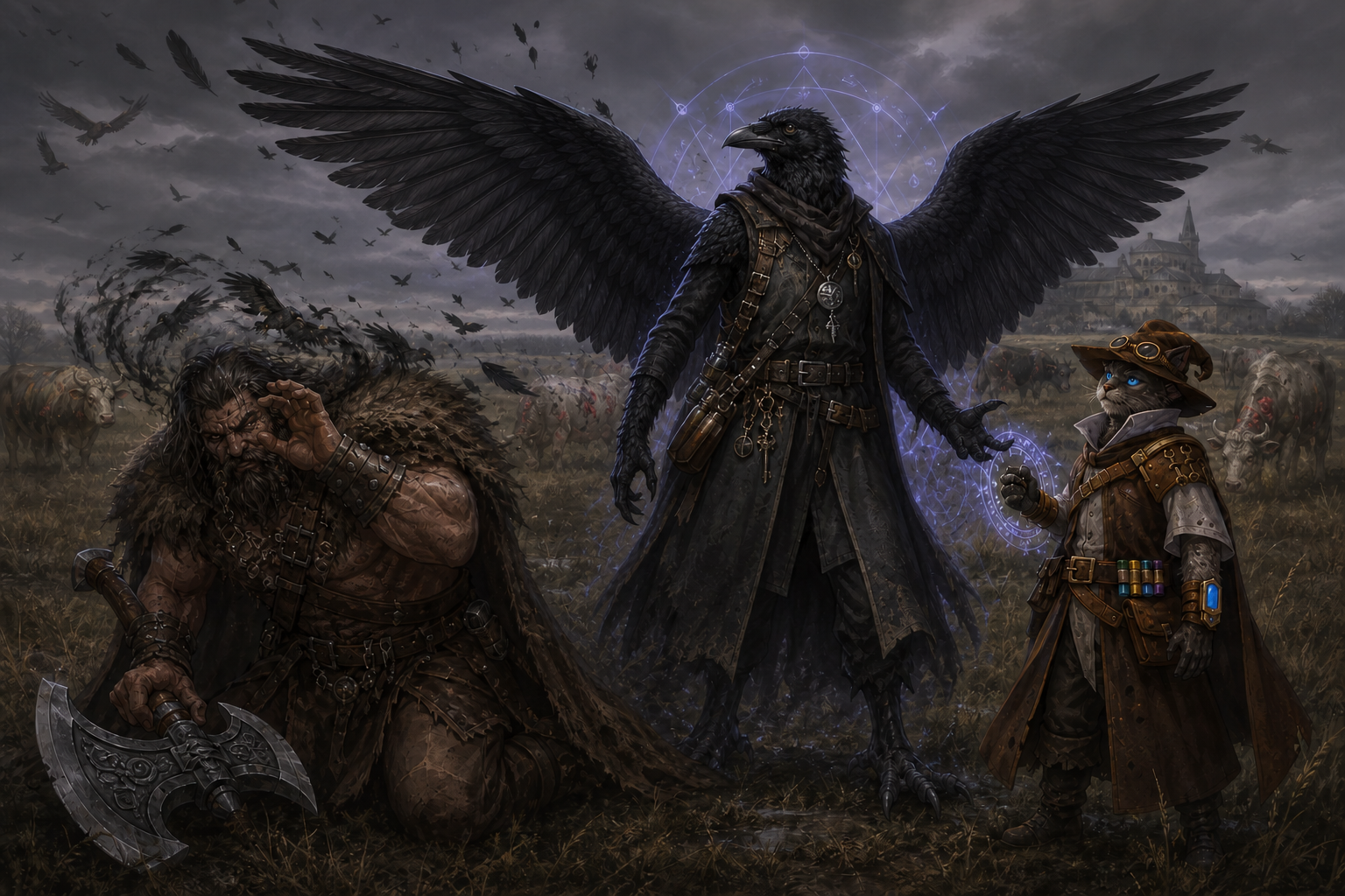 Winged Vidic revealing his humanoid crow-like form in the diseased cattle fields.