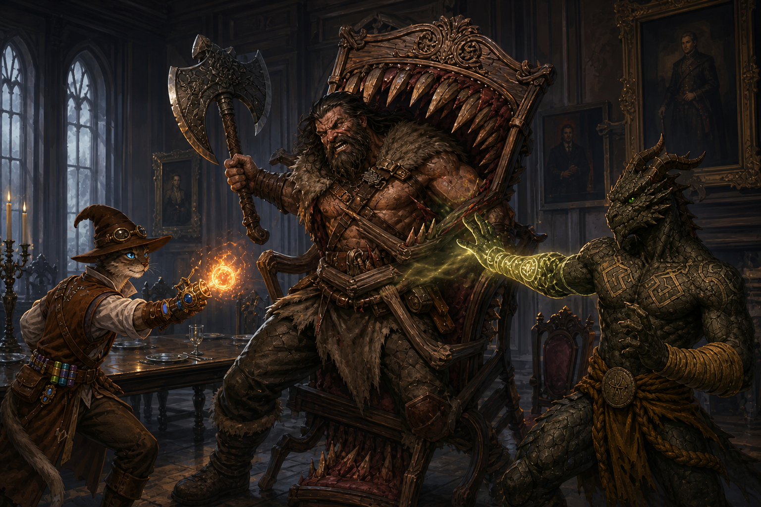 A chair mimic traps Rage while Ignatius heals him and Carver readies fire magic.