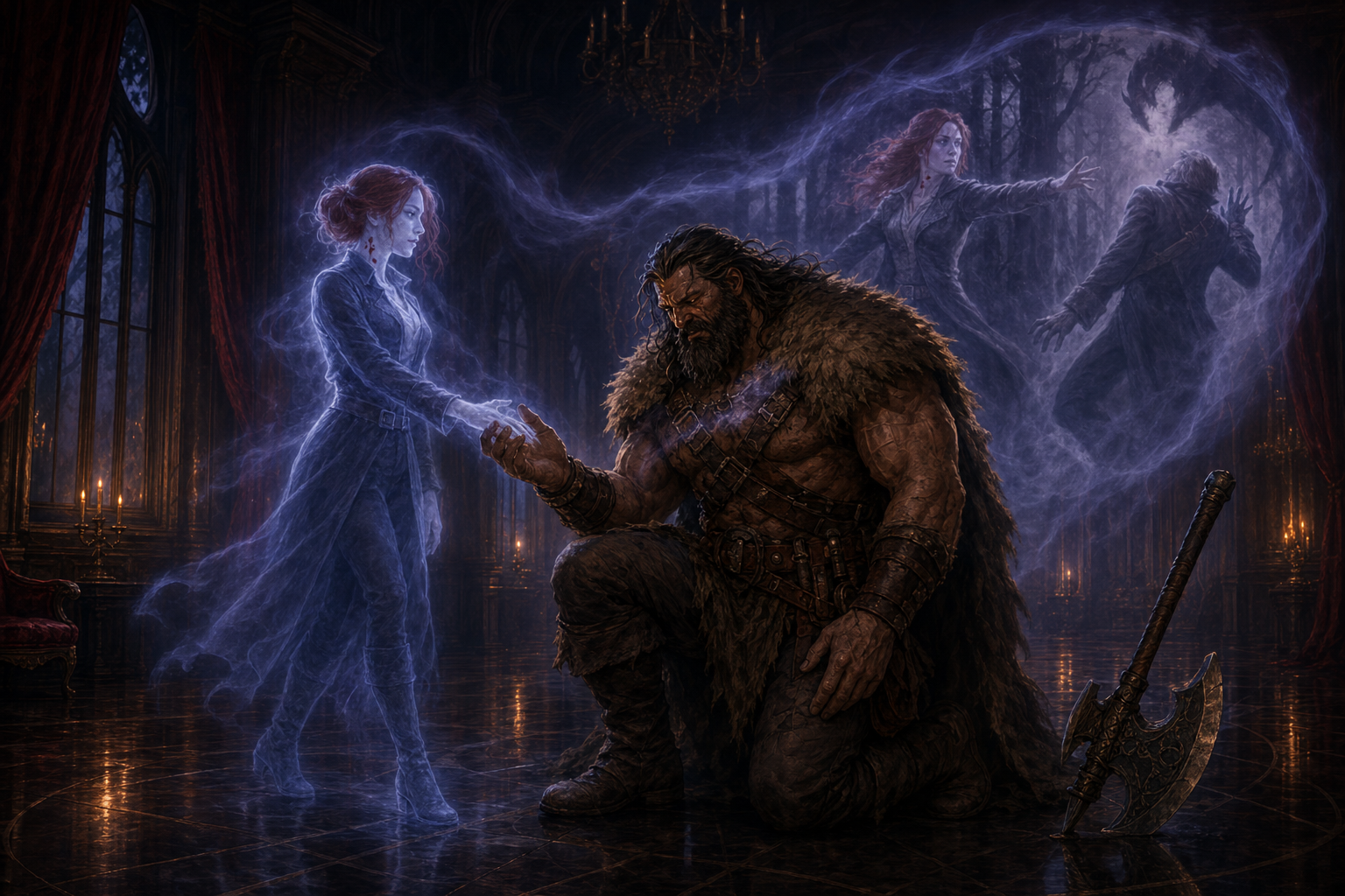 Rage buckles beneath Van Richten's grief before the red-haired ballroom ghost.