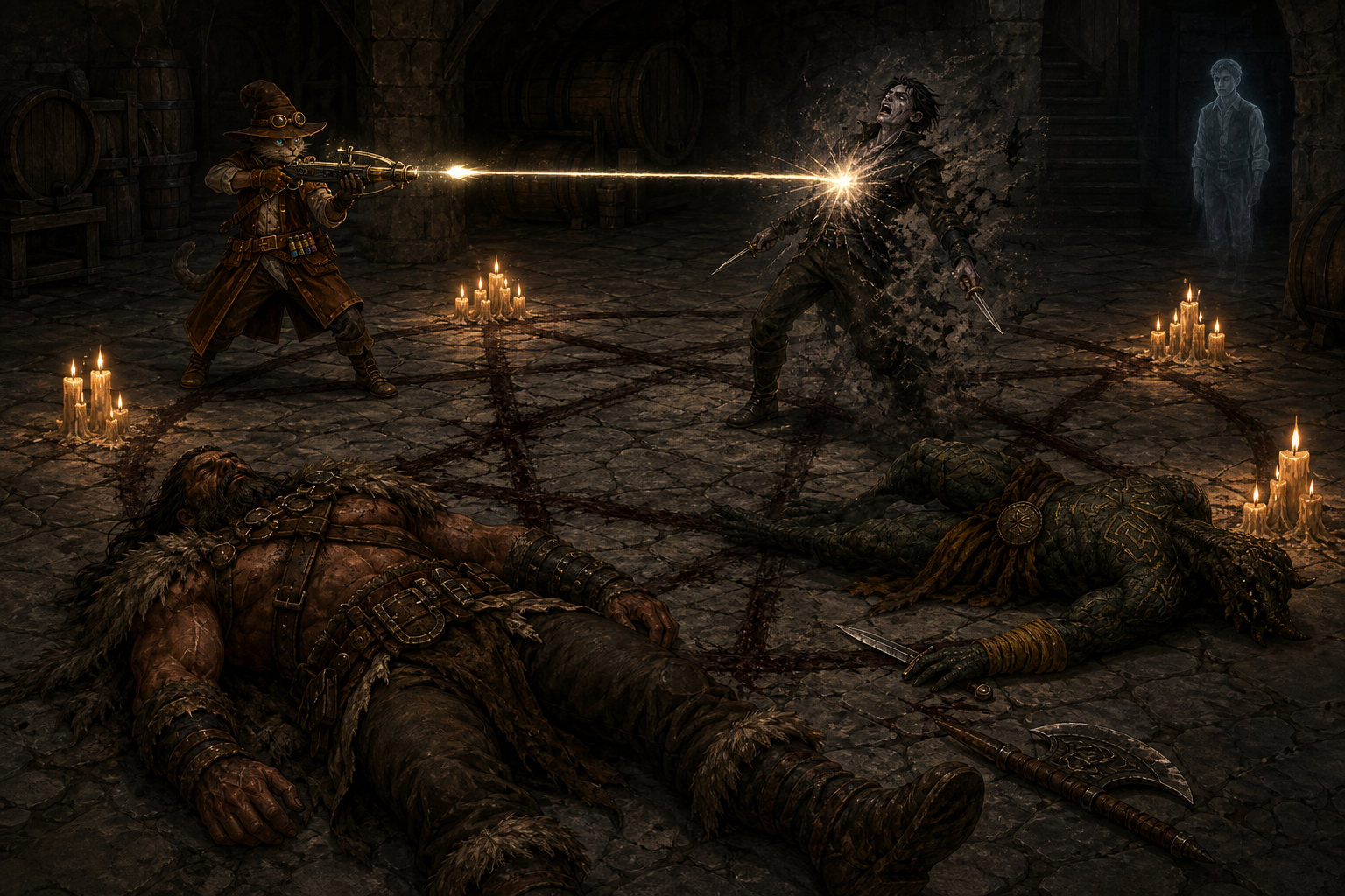 Carver fires the final radiant bolt as Rage and Ignatius lie unconscious in the séance chamber.