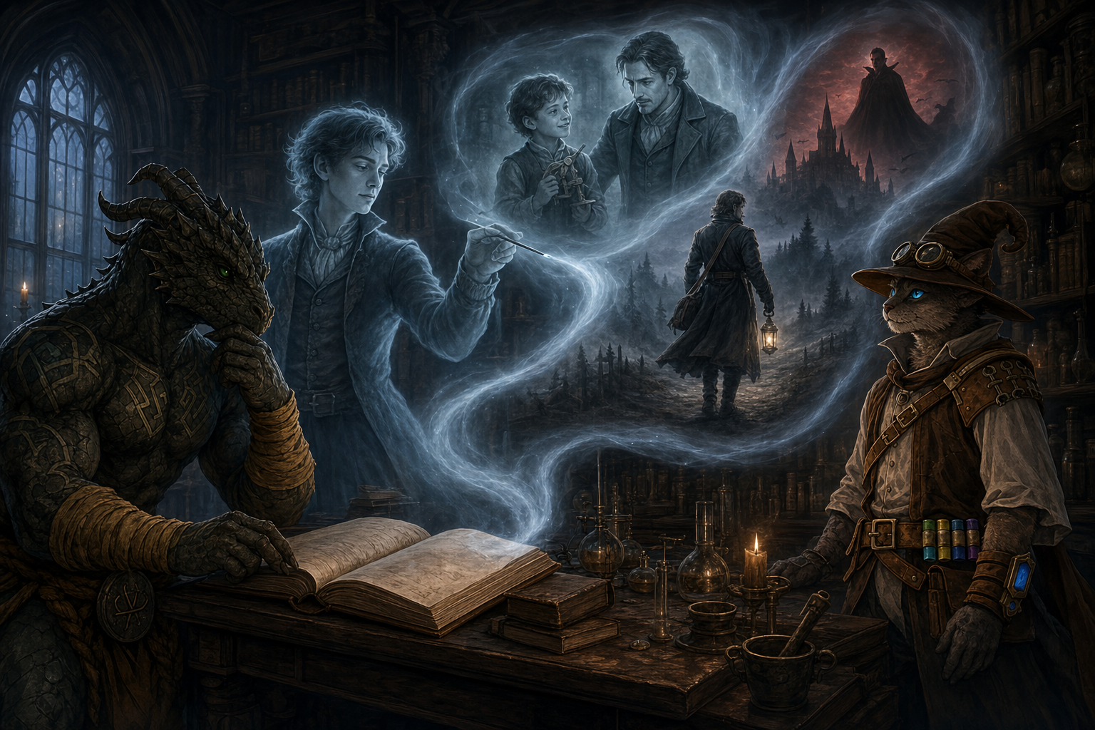 Erasmus paints Van Richten's memories into the air while Ignatius and Carver watch.