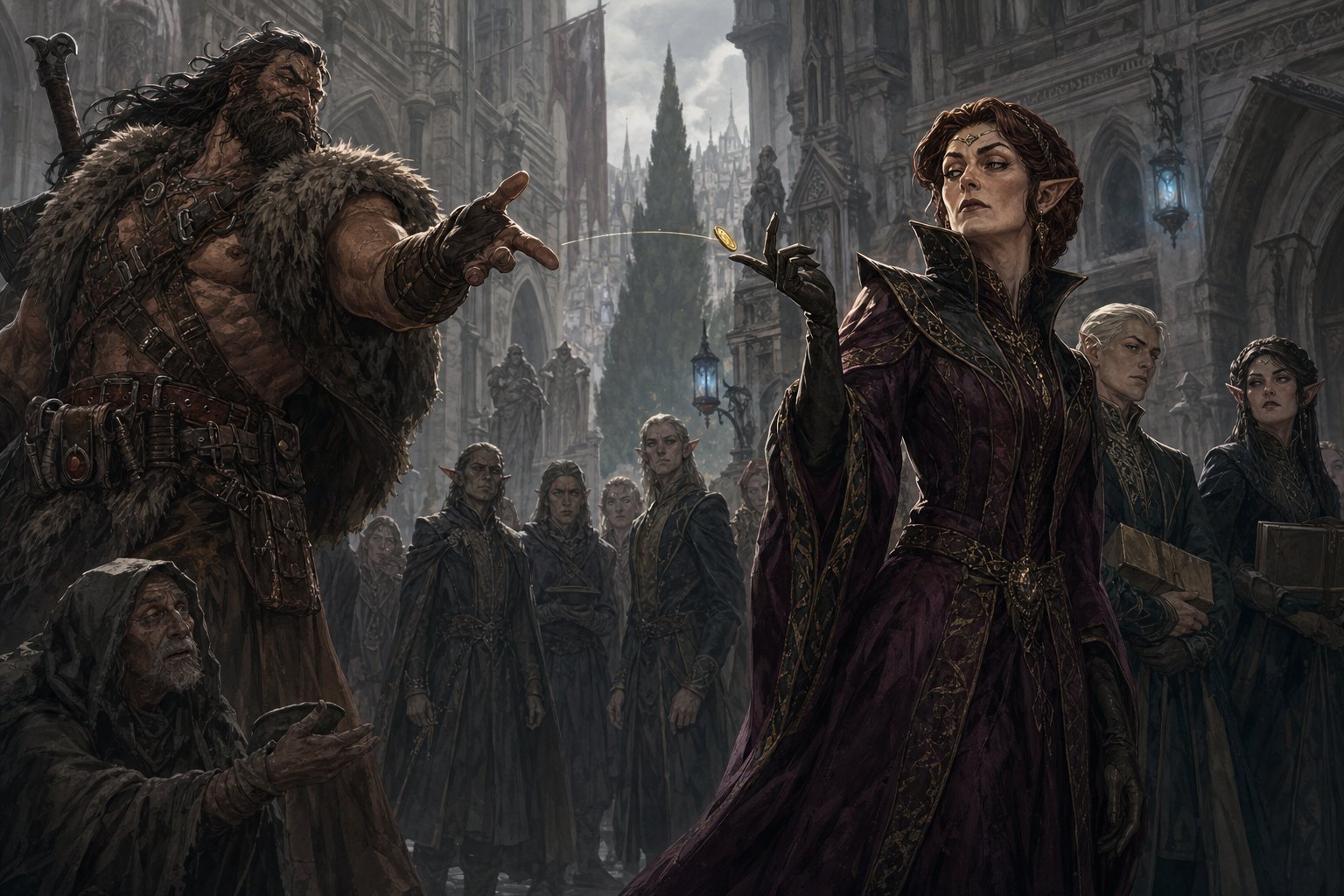 Lady Embermere catches the gold coin Rage tosses toward her before a watching crowd.