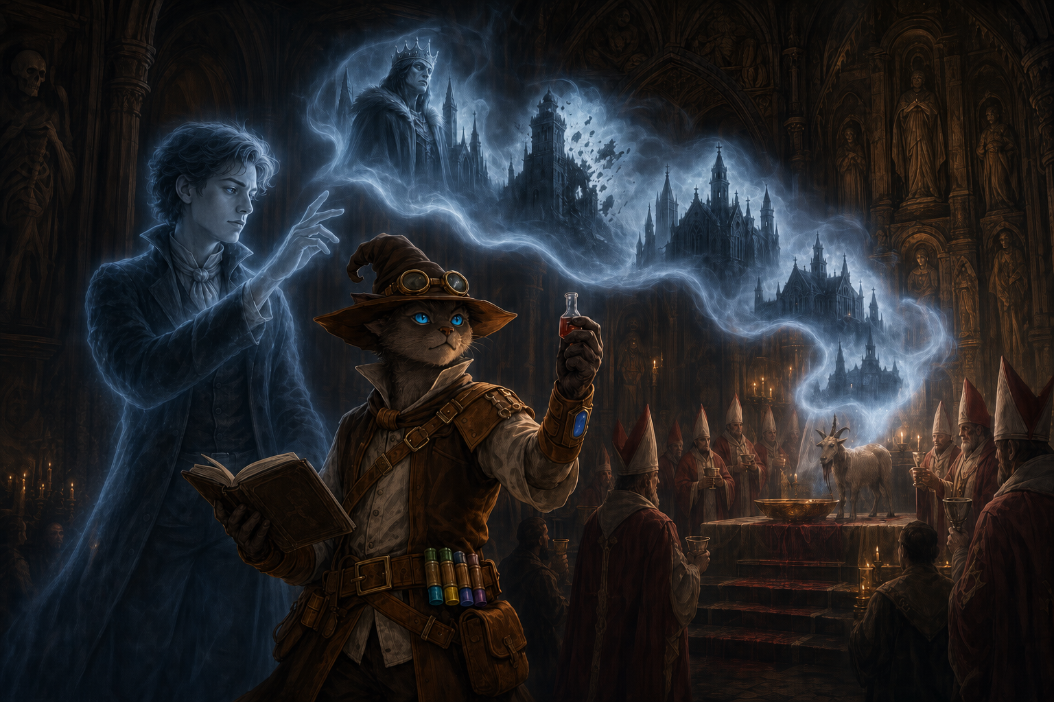 Carver holds sacrificial blood as Erasmus paints the history of the Eternal Order into the air.