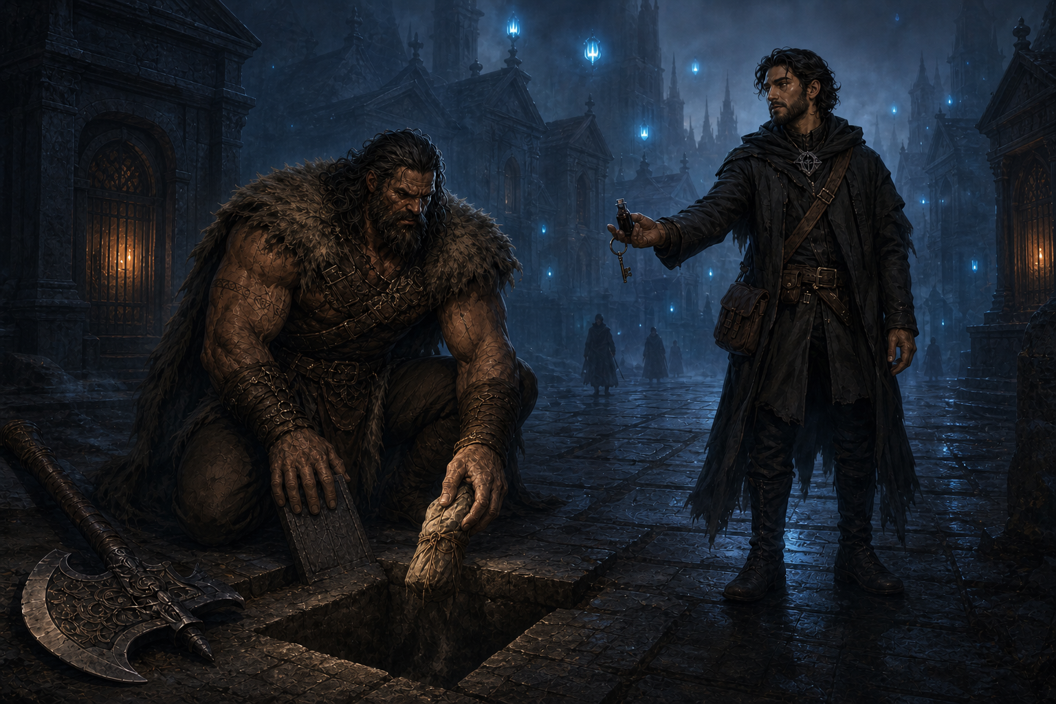Rage uncovers ashes beneath Neblus while Black Lily offers a poison vial and key.