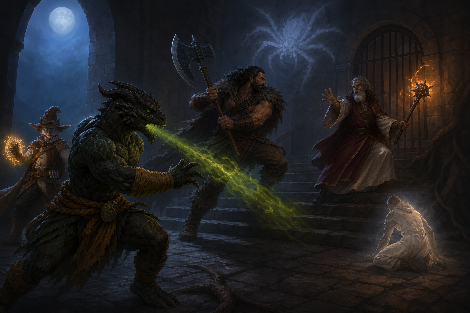 Ignatius breathes acid as Rage pursues High Sentinel Ablander beneath a looming illusory spider.