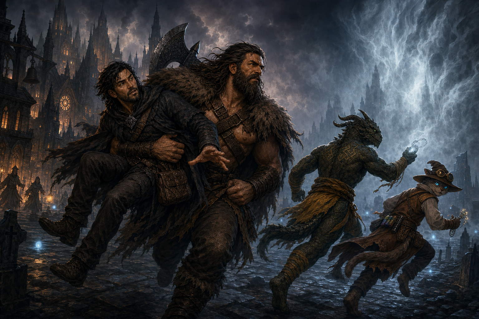 Rage carries Black Lily from Neblus while Ignatius and Carver run toward the Mists.