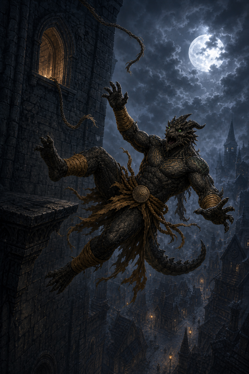 Ignatius tumbles beyond the reach of the escaped grappling rope during the tower descent.