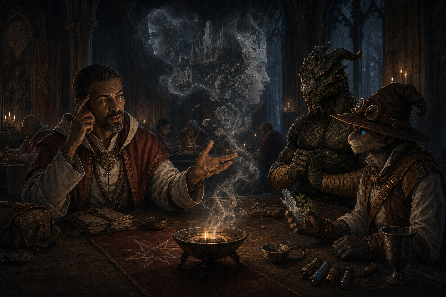 Duskren describes Darkon's stolen memories to Ignatius and Carver in the Brothers' Chamber.