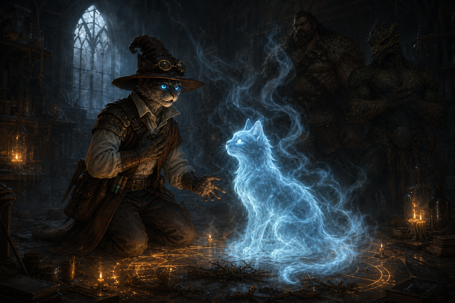 Carver kneels before Chip as the spectral feline answers its name within a Shroud-lit ritual.
