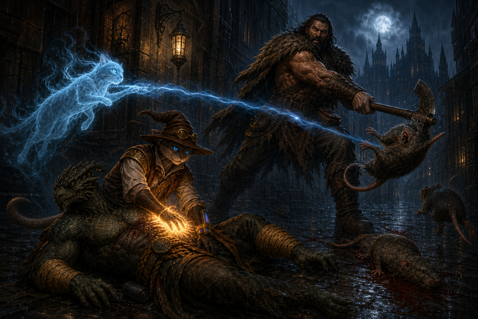 Carver restores Ignatius while Chip attacks and Rage prevents one ratlike creature from escaping.
