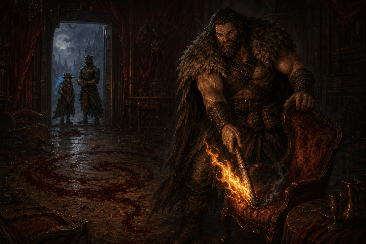 Rage presses a torch against a chair that chars but refuses to catch while the others wait outside.