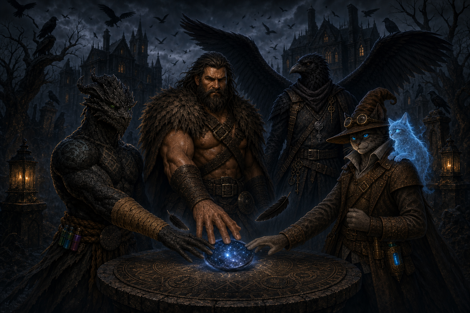 The party swears its oath around a star-filled seer's stone as Vidic presides over the initiation.