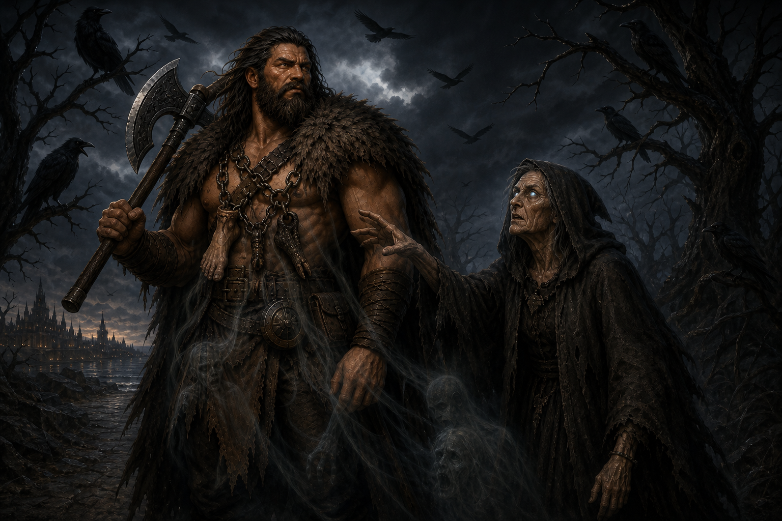 A crone delivers her raven-haunted prophecy before Rage and the trophies chained across his chest.