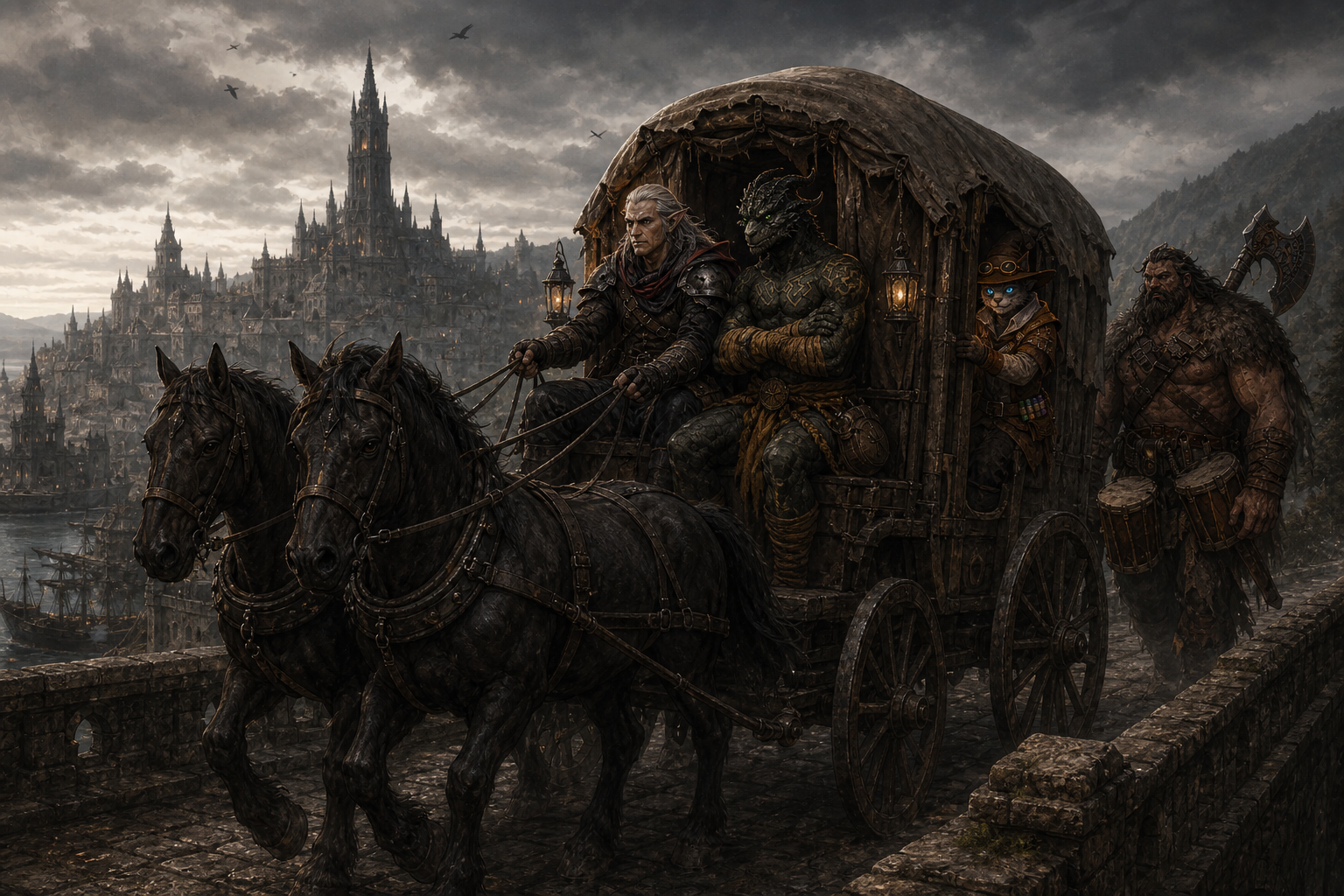 Vermoth drives the party's worn coach across the bridge out of Martira Bay.