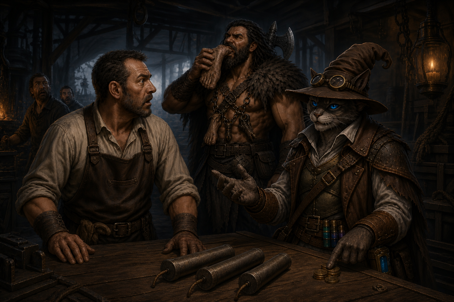 Carver bargains over three Boom Sticks while Rage horrifies Clenis by eating the twitching foot from his trophy chain.