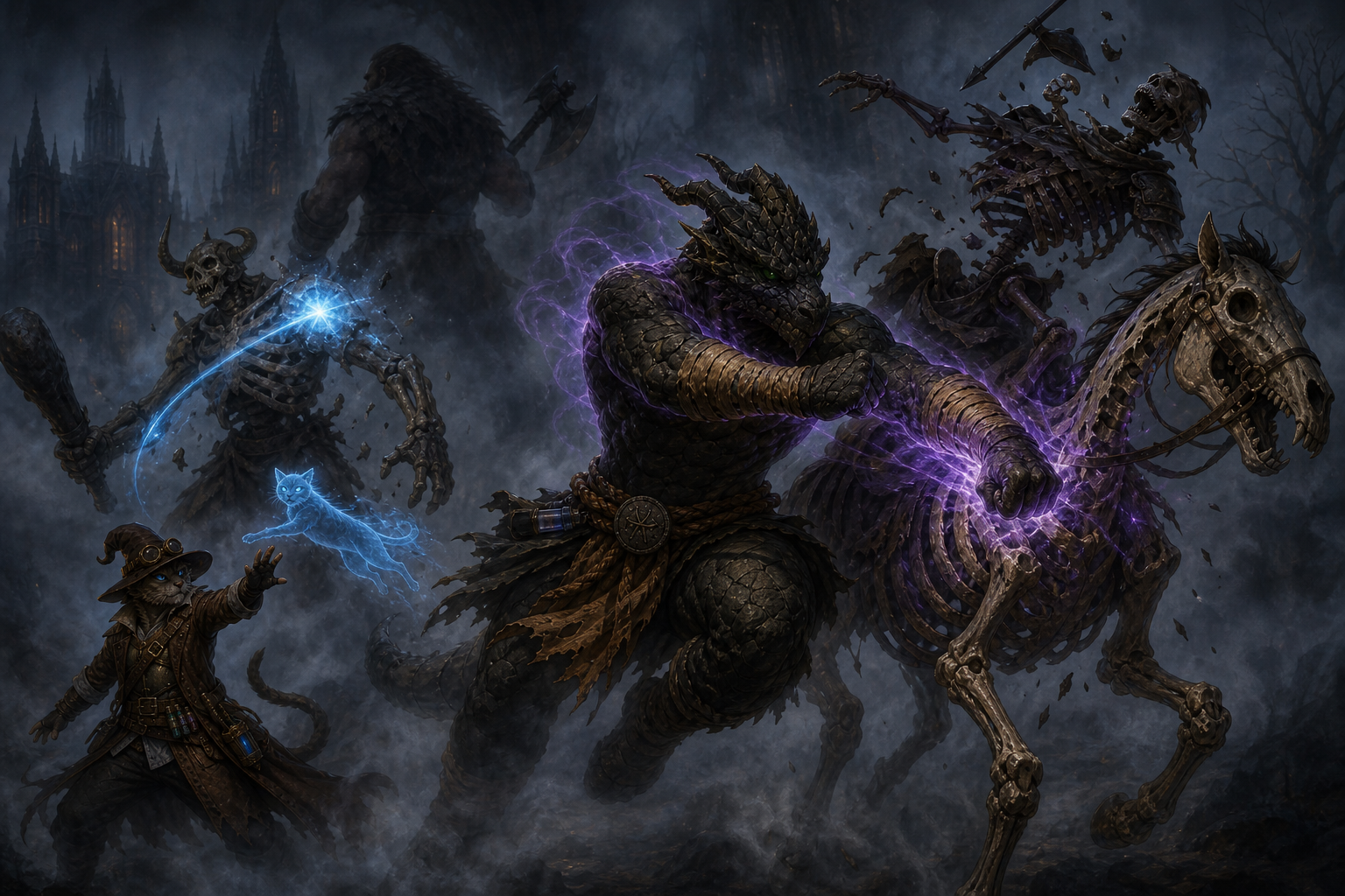 Ignatius and Carver battle skeletal horrors while Chip's Force Ballista cuts through the Shroud.