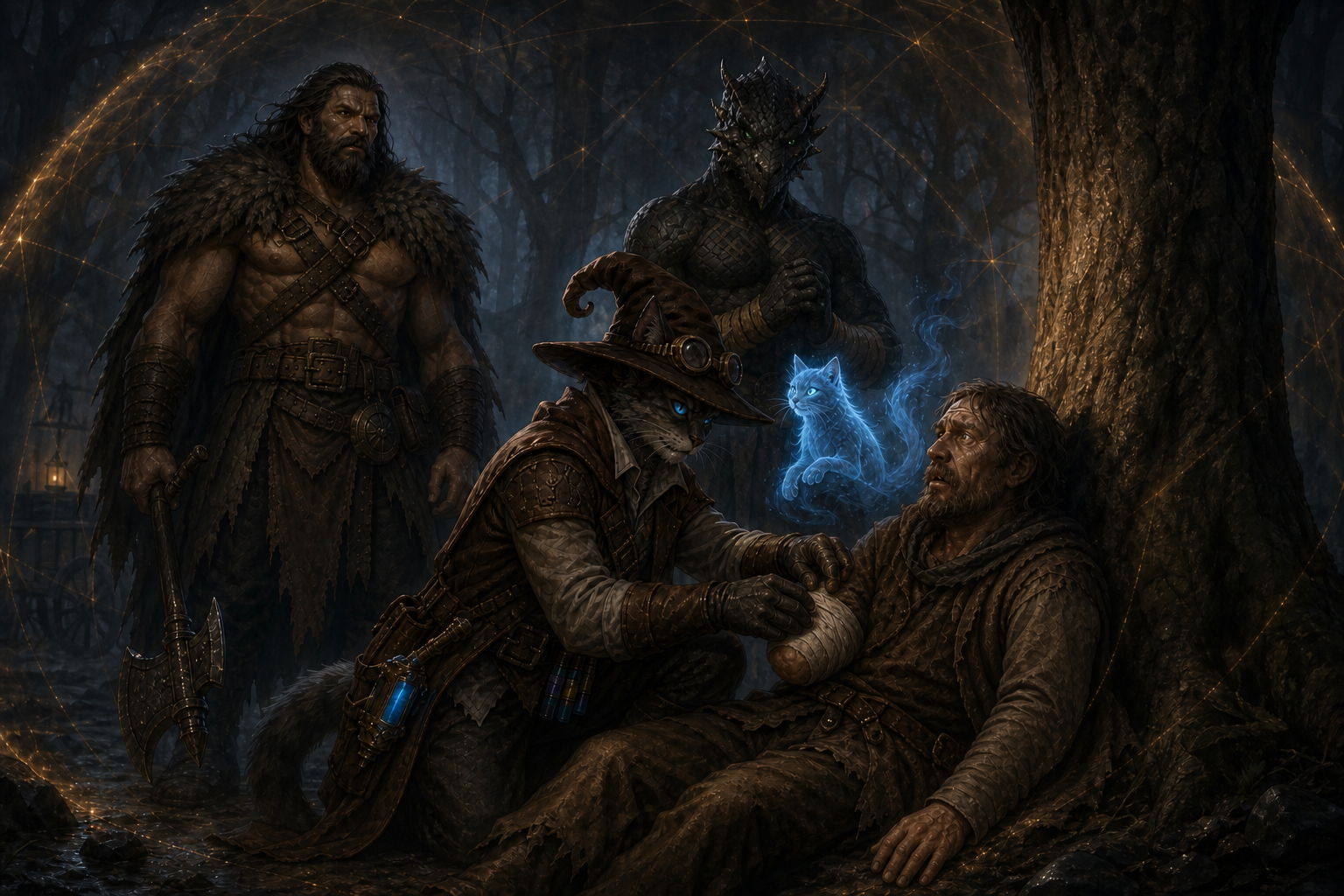 Carver tends Buddy's single amputated forearm within the Silent Sanctum while Rage and Ignatius look on.