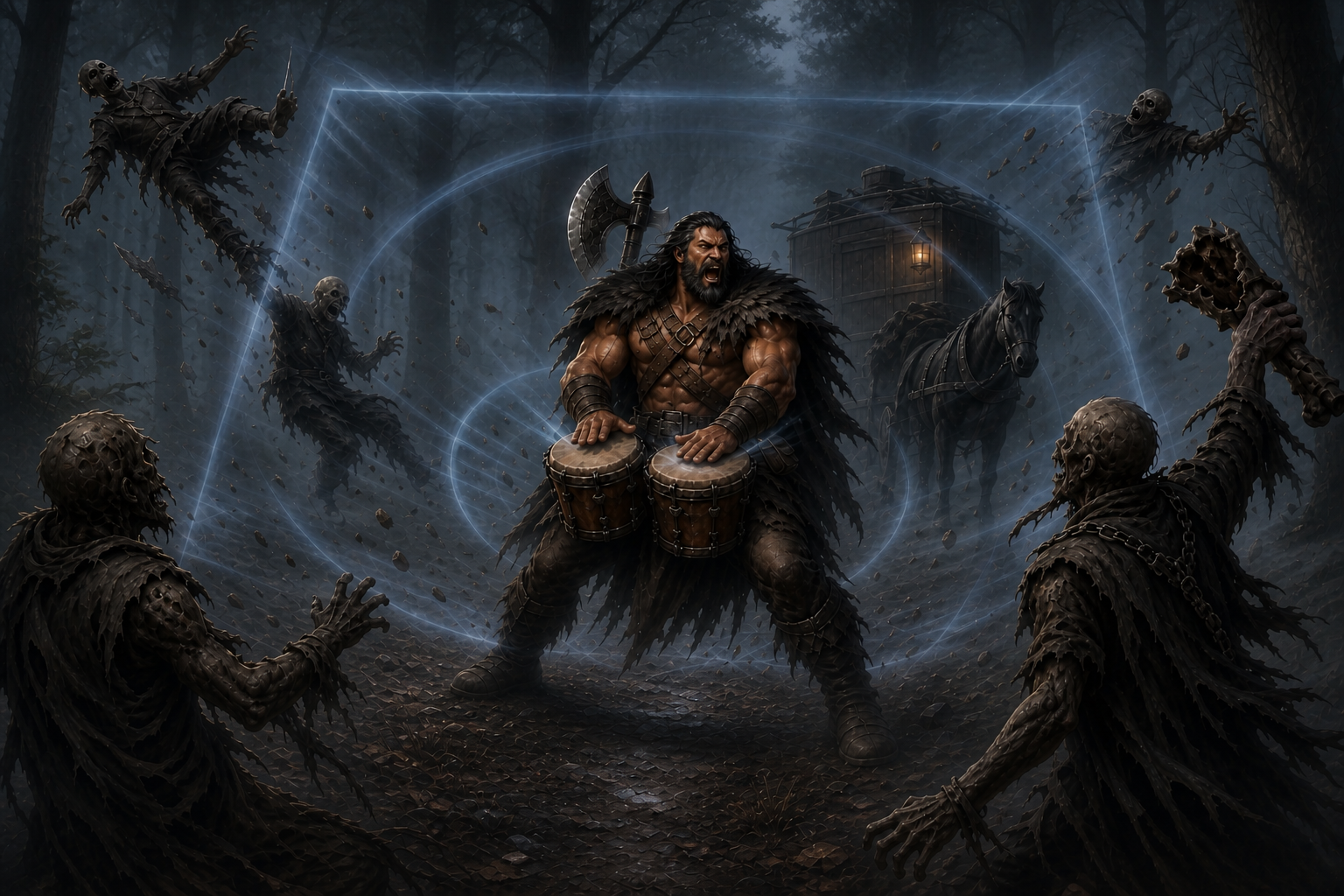 Rage strikes his paired drums as his first thunderwave hurls the surrounding dead backward.