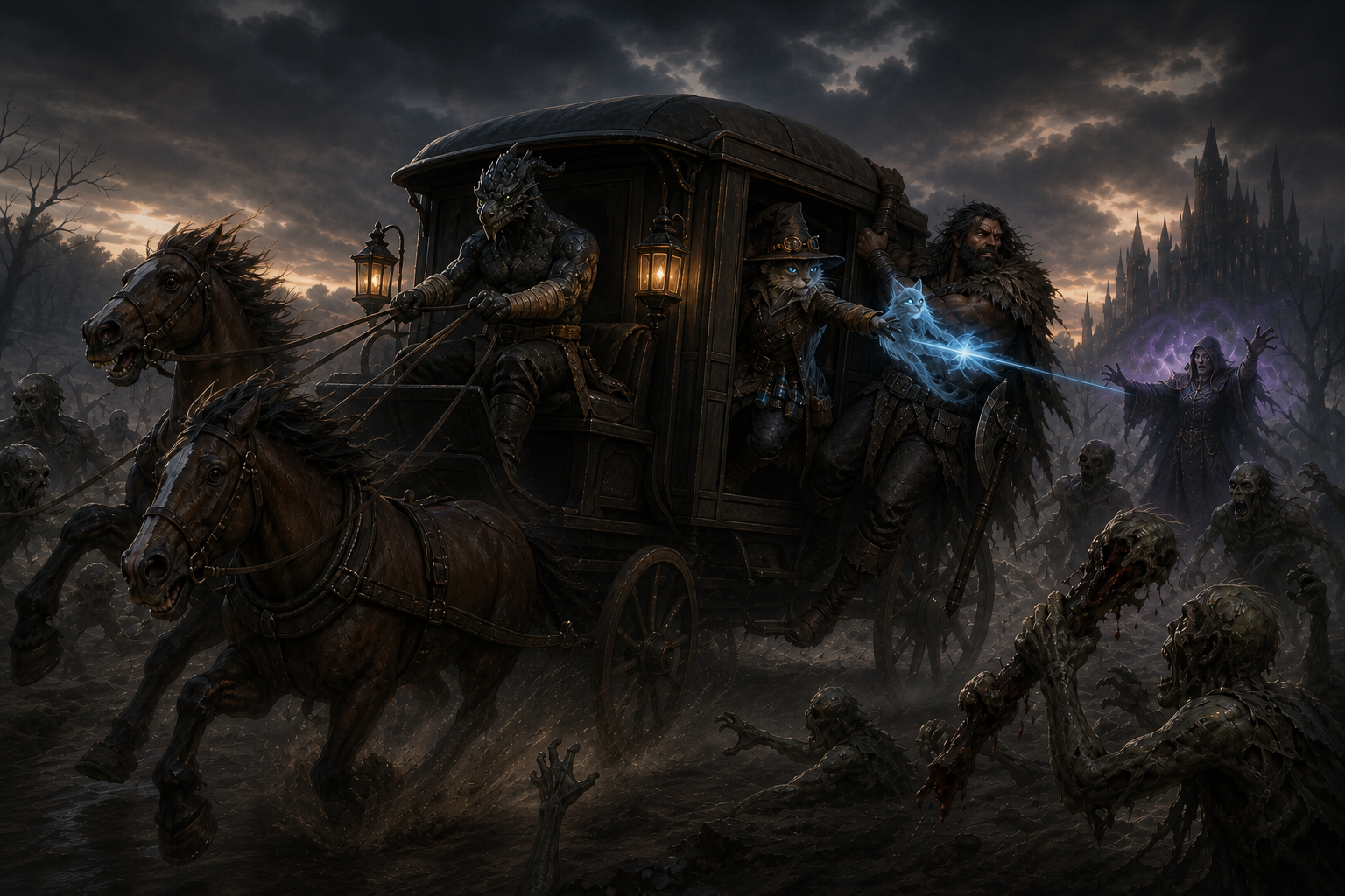 Ignatius drives the coach through rising corpses while the party fights from its flank.