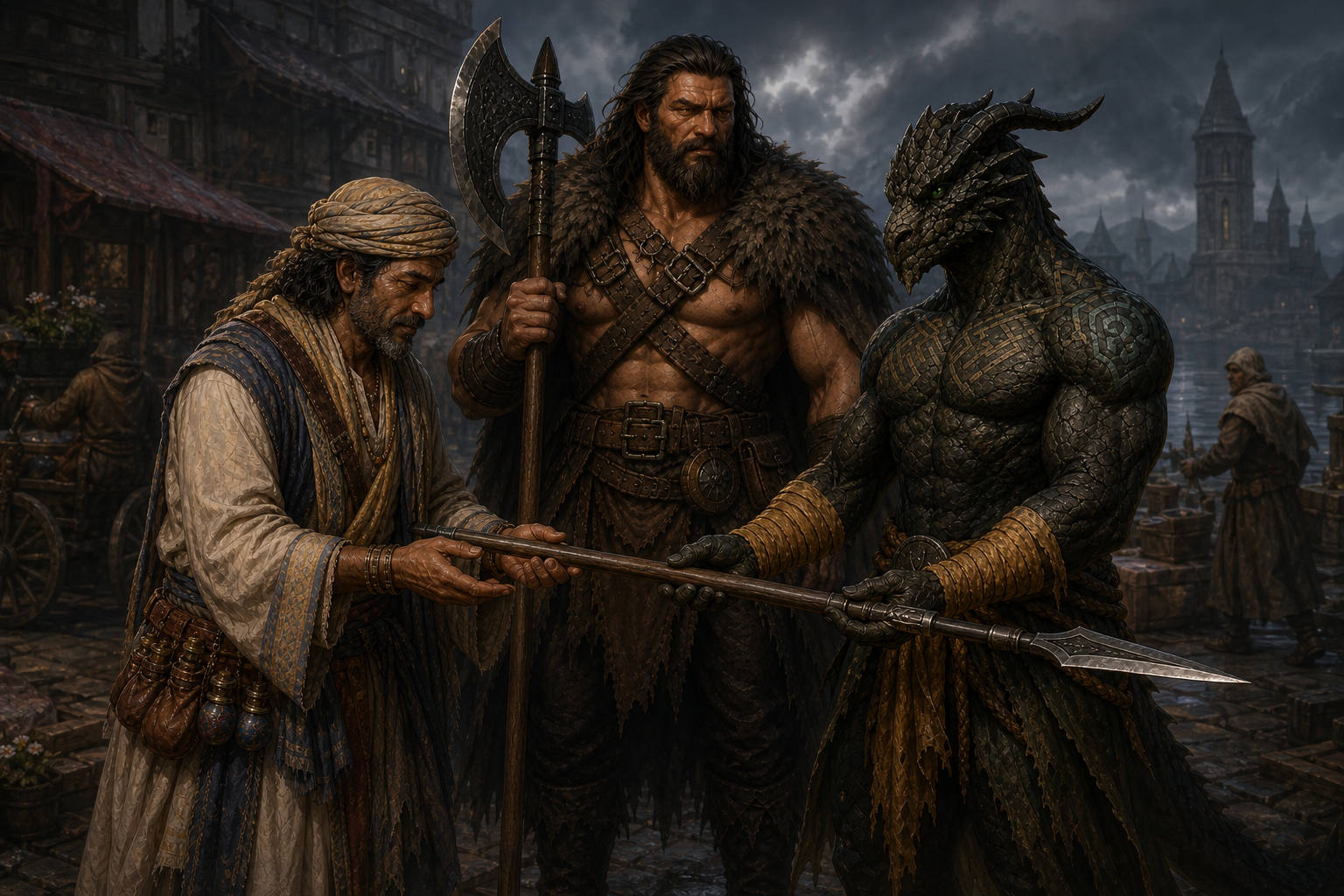 Ooru solemnly accepts a spear from Ignatius while Rage watches over them in the desperate market streets of Rivalis.