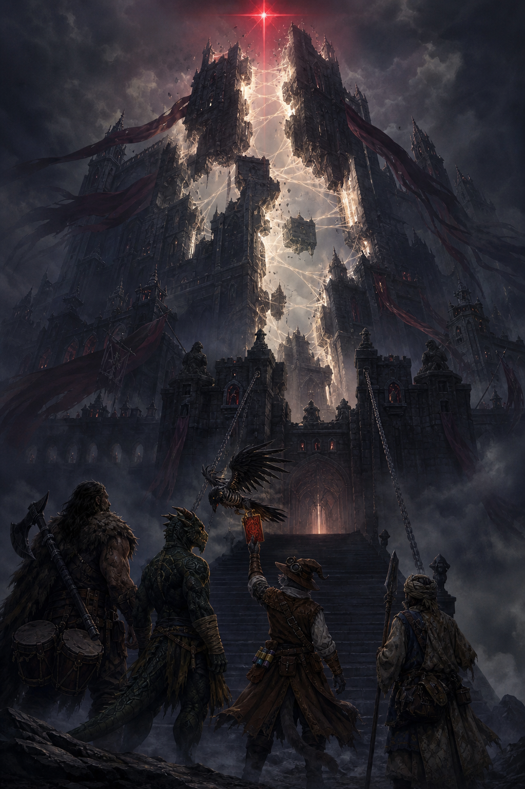 Carver raises the red invitation toward a corpse-like raven while Rage, Ignatius, and Ooru stand beneath the shattered, luminous heights of Castle Avernus.