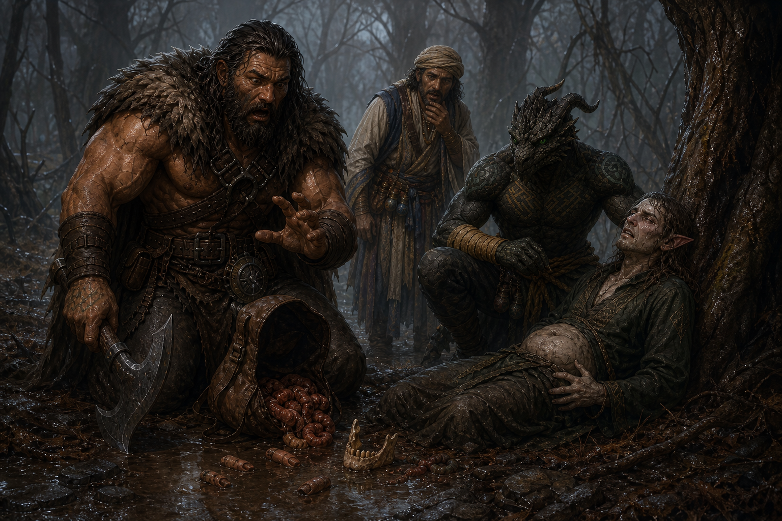 Rage recoils from the human remains spilled from a diseased elf's bag while Ignatius examines the stranger and Ooru watches in horror.