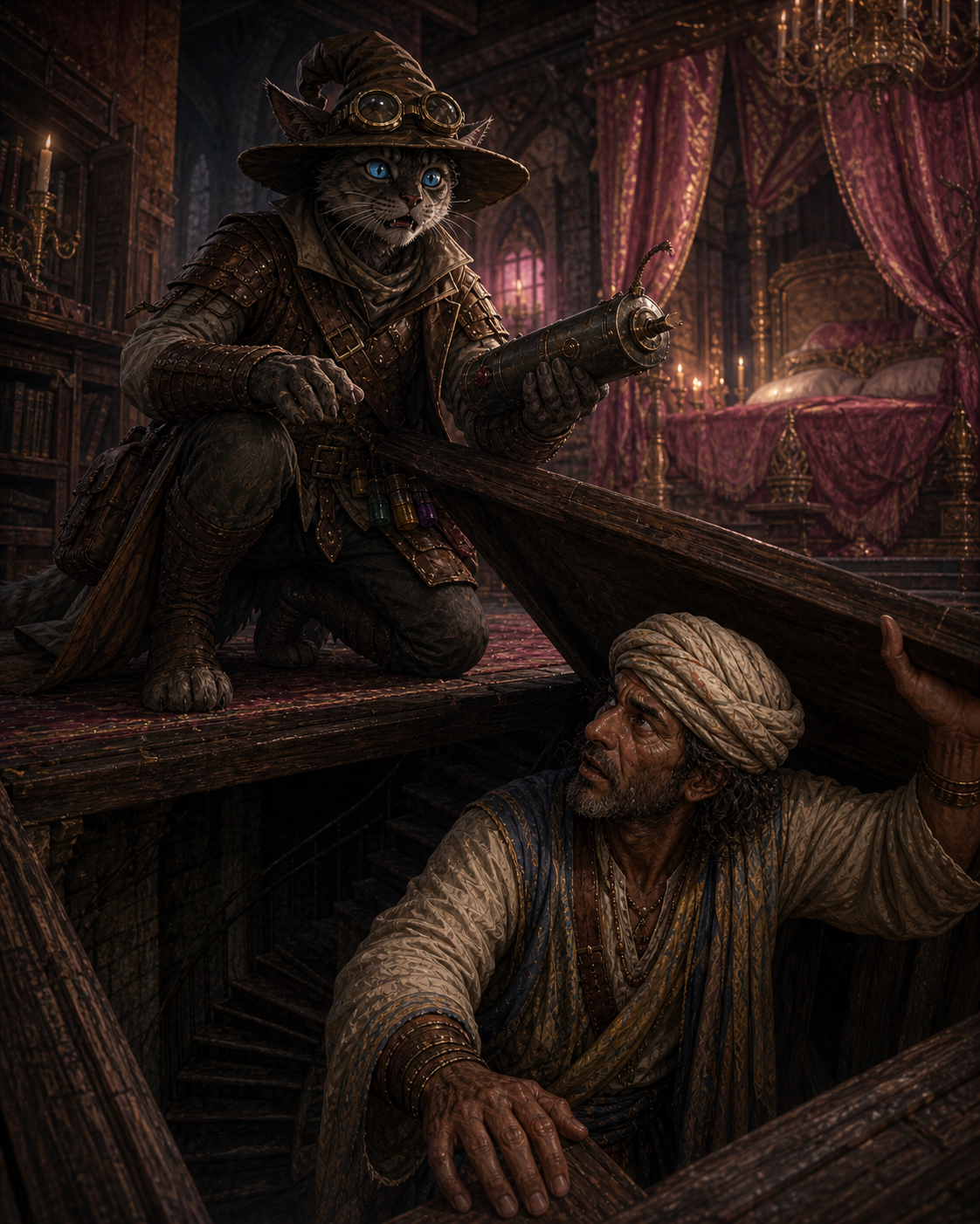 Carver prepares a Boom Stick just as Ooru opens the trapped room's floor hatch from below.
