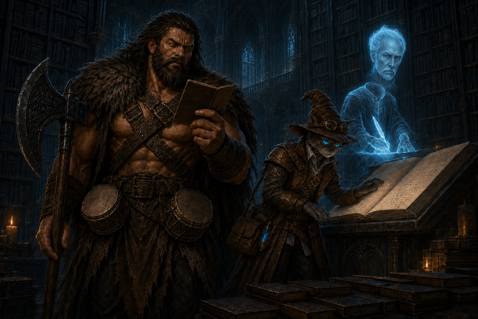 Rage reads his forgotten thoughts while Carver studies the immense index and the headless ghost Elzarath writes behind them.